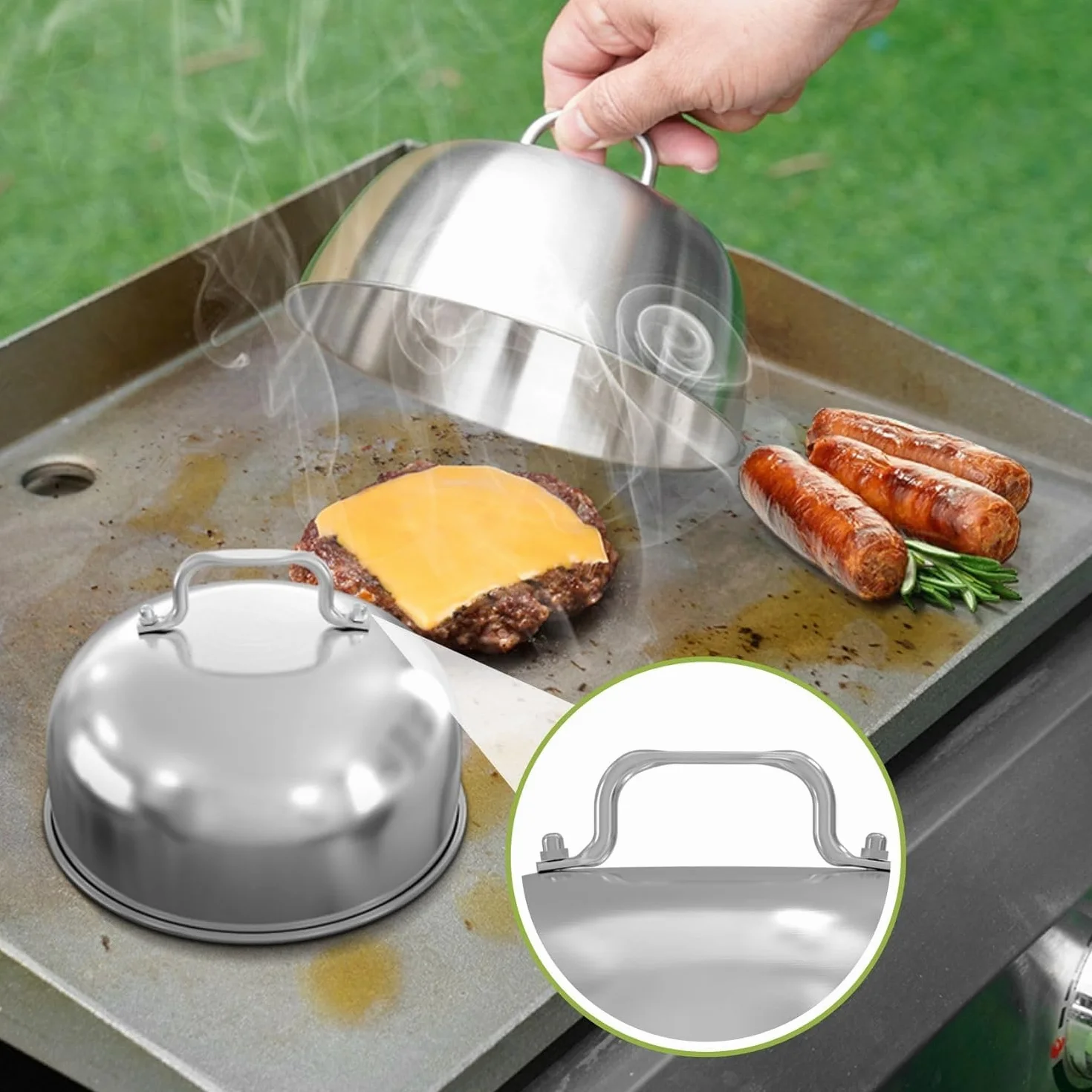 Onlyfire Kit Smash Burger, Coperture per Hamburger da 2 x 16 cm, Pressa per Hamburger Rotonda e Spatola da Grill Grande, Accessori per Barbecue per Piastra, Teppanyaki e Campeggio