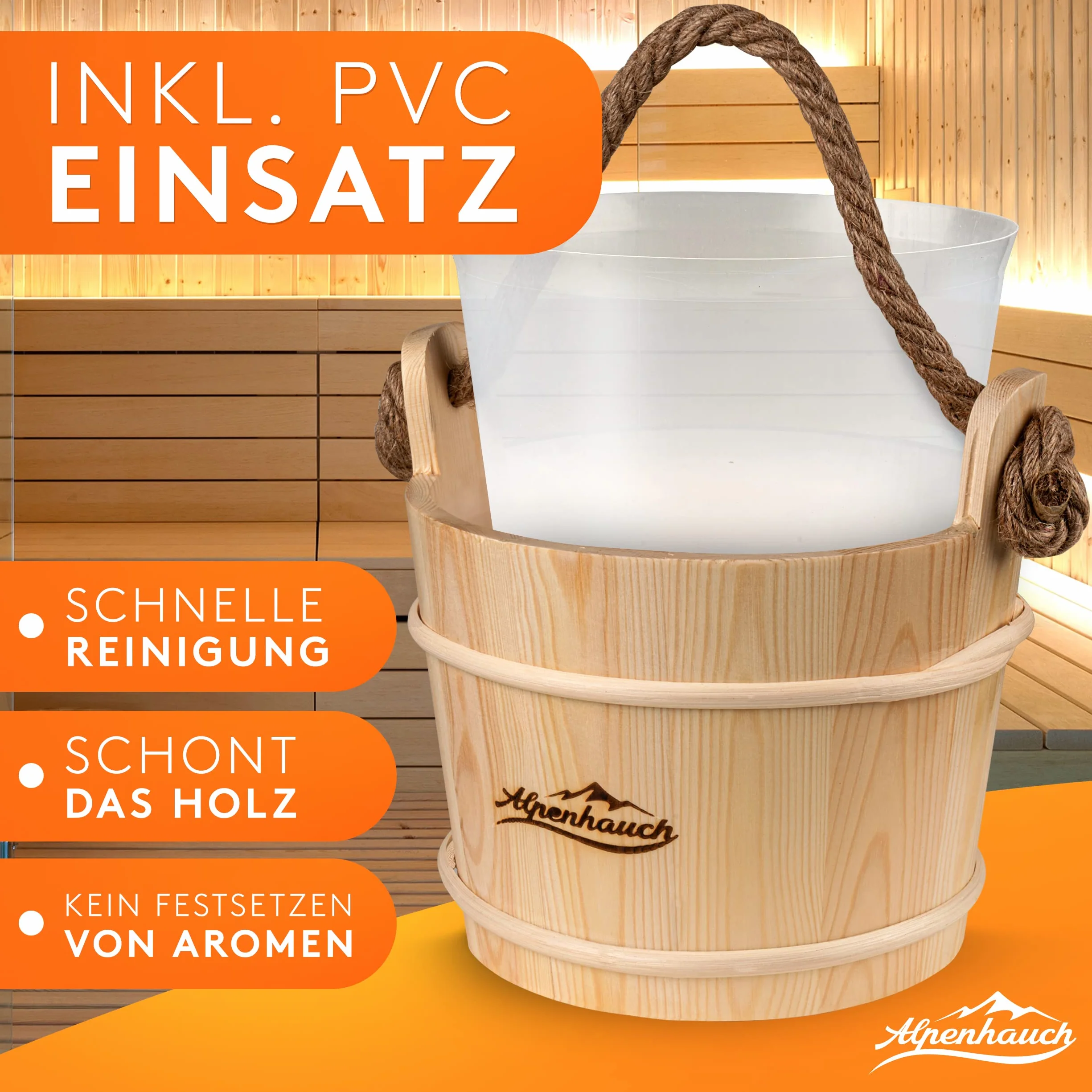 ALPENHAUCH Secchio per sauna con cazzuola in legno naturale – Set accessori per sauna con clessidra e termometro/igrometro