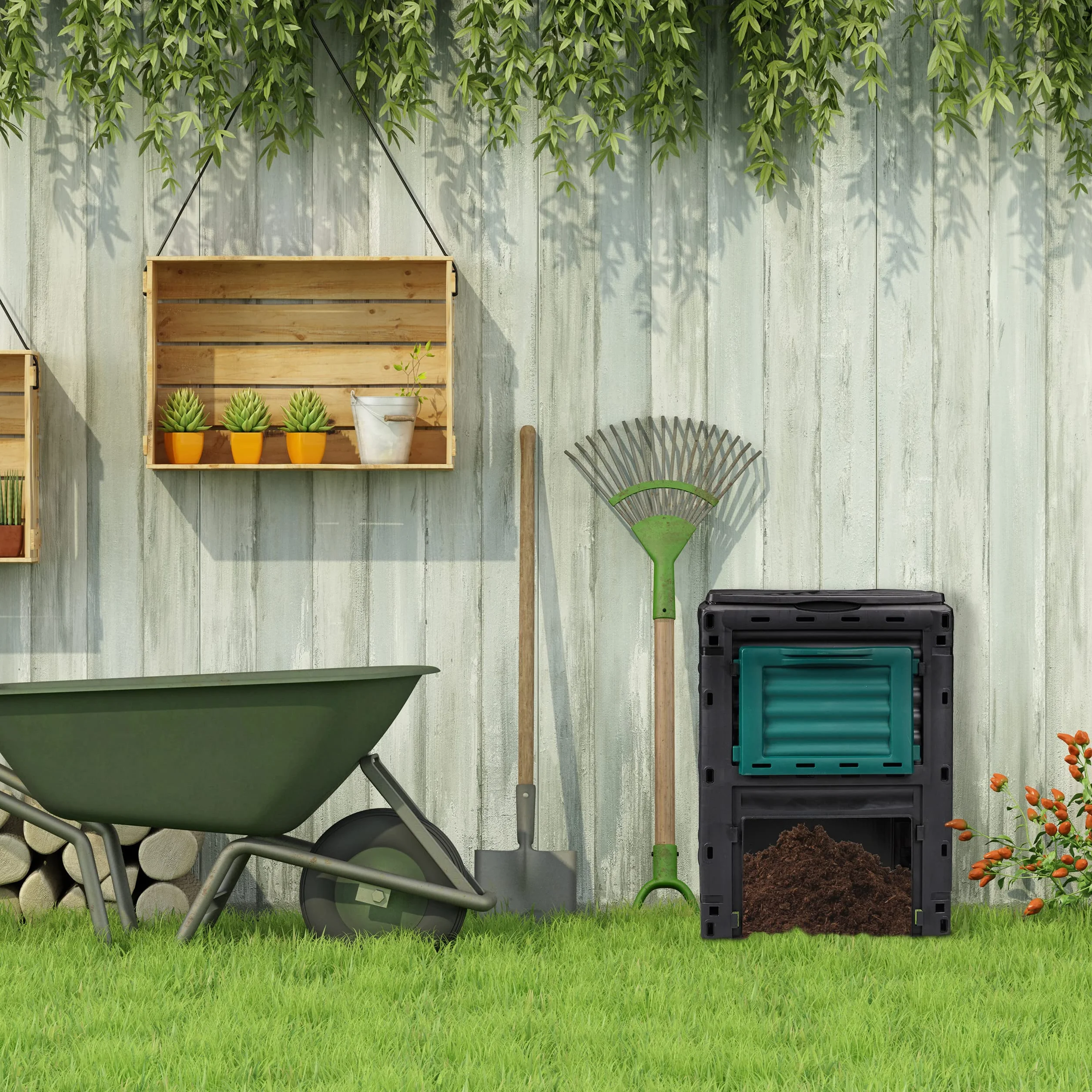 Relaxdays Compostiera da Giardino in Plastica, 230 l per Compost, Contenitore per Foglie, HxLxP: 80 x 60 x 57 cm, Nero