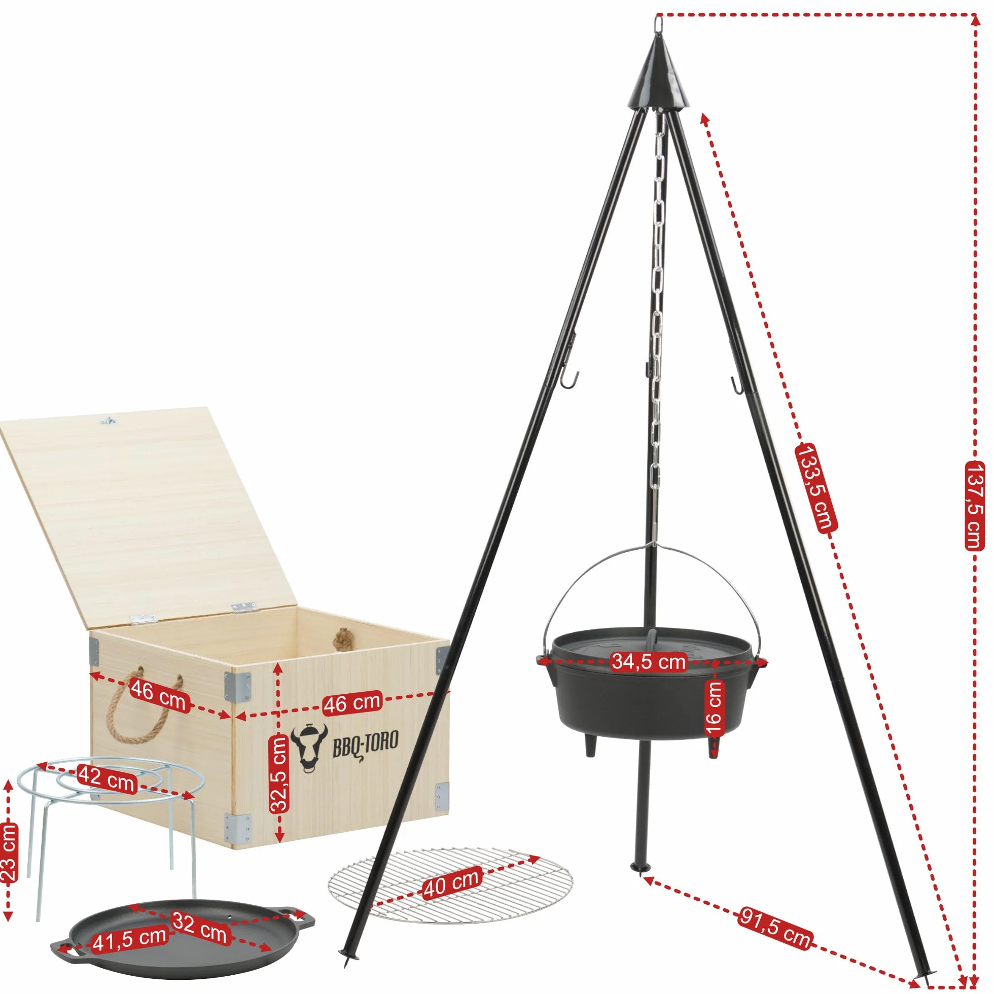 BBQ-Toro Dutch Oven Kit a 6 pezzi in scatola di legno, ghisa, bruciato in, pentola, padella, griglia, treppiede e altro ancora