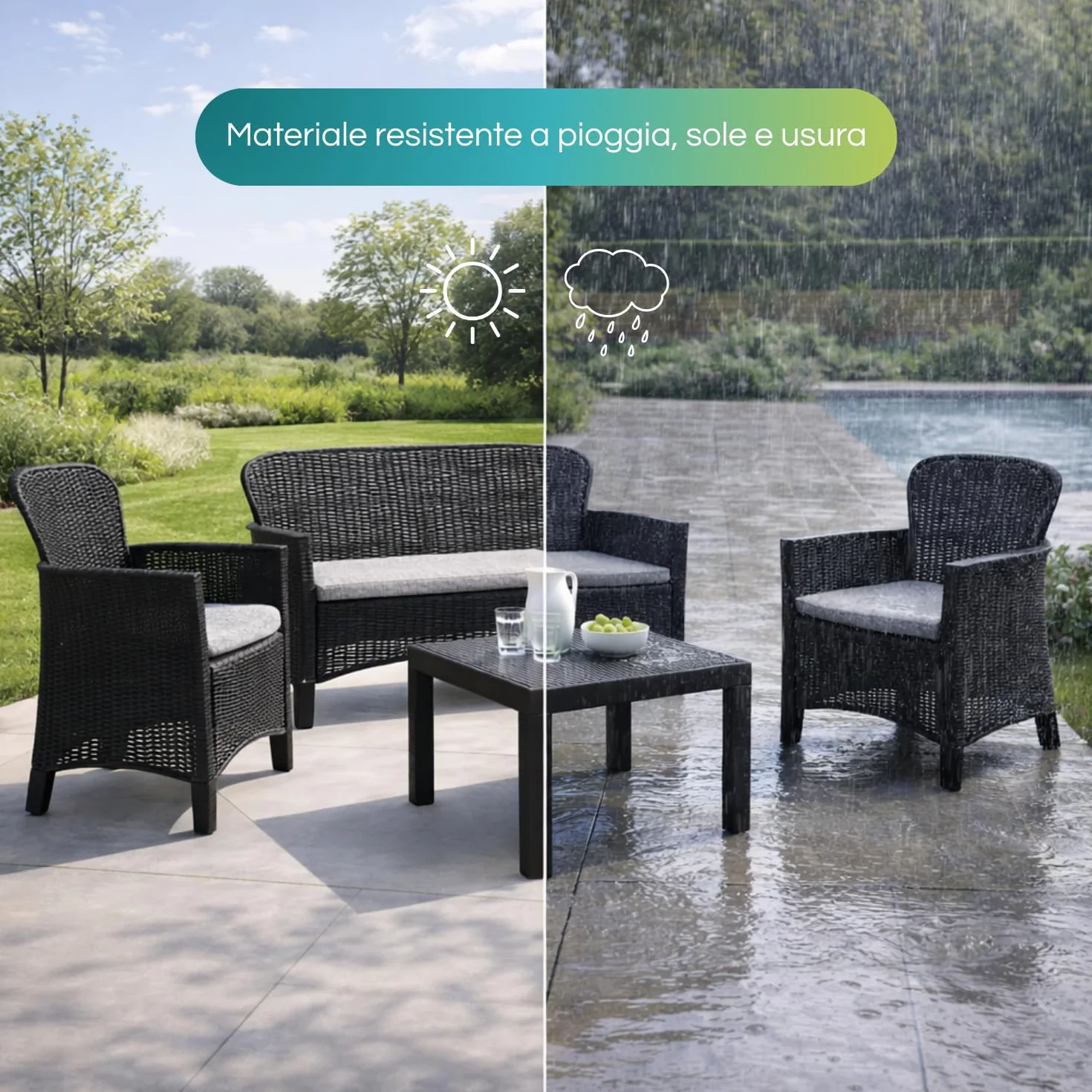 VIRSUS Set Salottino da Giardino per 4 Persone, Composto da: 2 Poltrone, 1 Divano a 2 Posti e 1 Tavolino, Cuscini per comoda Seduta, Design Rattan di colore Antracite, Interno ed Esterno -JUN6043F