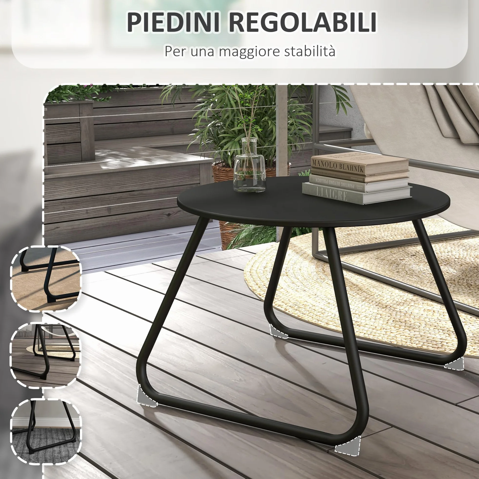 Outsunny Tavolino da Esterni Ø48x37 cm Metallo Nero Piedini Regolabili