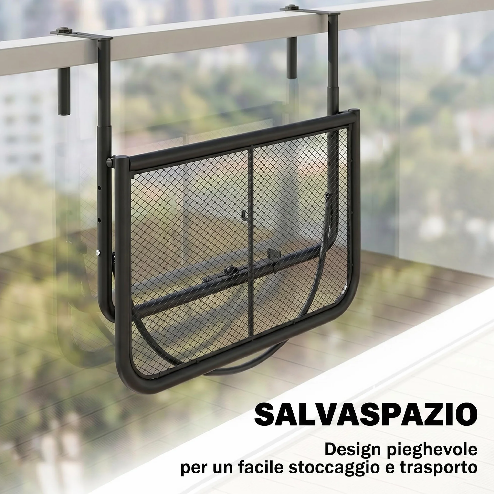 Outsunny Tavolino da Balcone Pieghevole in Metallo 3 Altezze Regolabili 60x56.5x45cm Nero