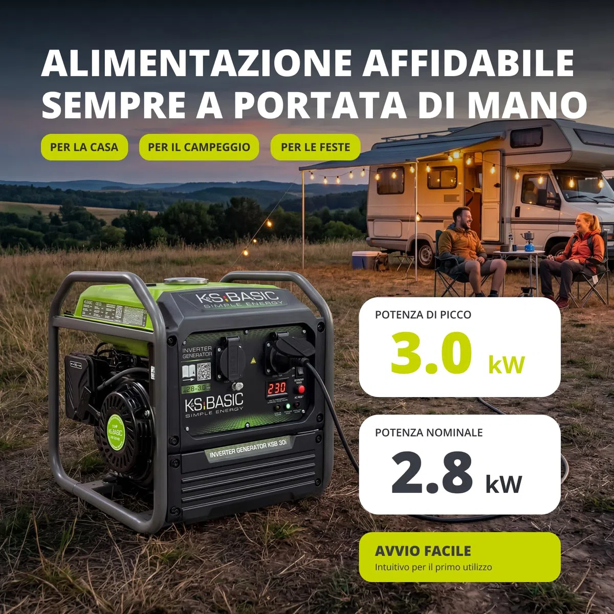 K&S Basic 30i Generatore inverter, 2800 W, potenza nominale 3000 W massima, generatore di emergenza a benzina, onda sinusoidale pura, modalità ecologica, generatore di corrente per casa, campeggio e