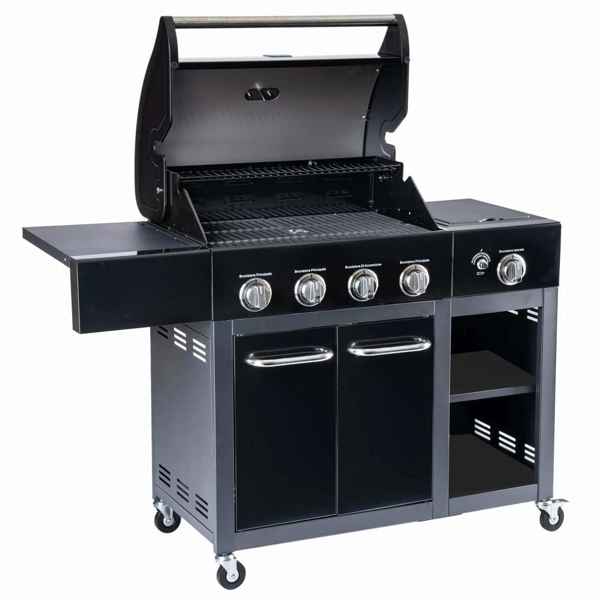 Arsard Barbecue a Gas Professionale XXL 5 Fuochi 16 KW Griglia Ghisa Acciaio Inox Bruciatore Laterale Coperchio Termometro