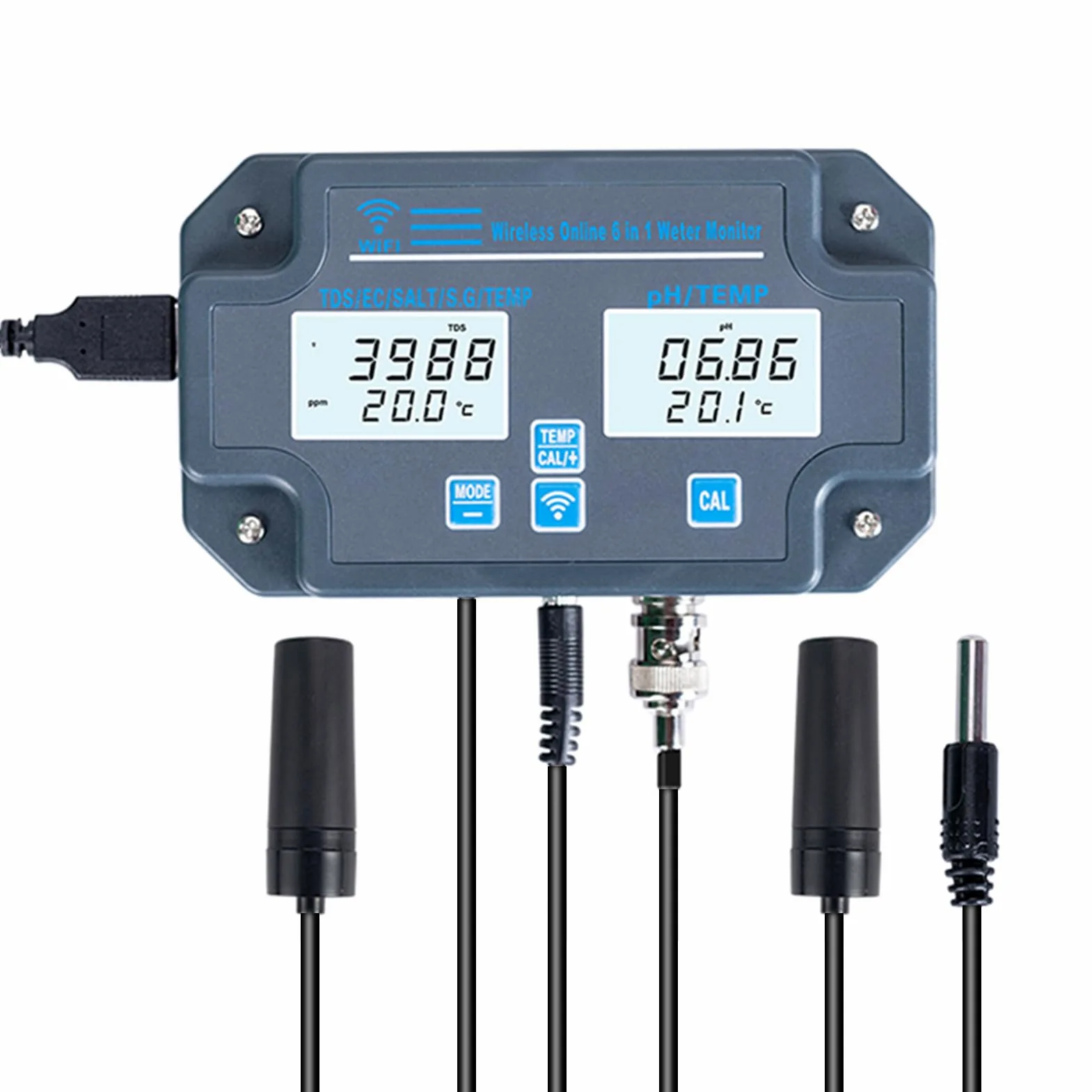 Tester digitale di qualità dell'acqua, montaggio a parete, analizzatore dell'acqua 6 in 1, PH/EC/TDS/SALT/S.G./temperatura, monitoraggio remoto APP, notifica di allarme per acqua potabile,