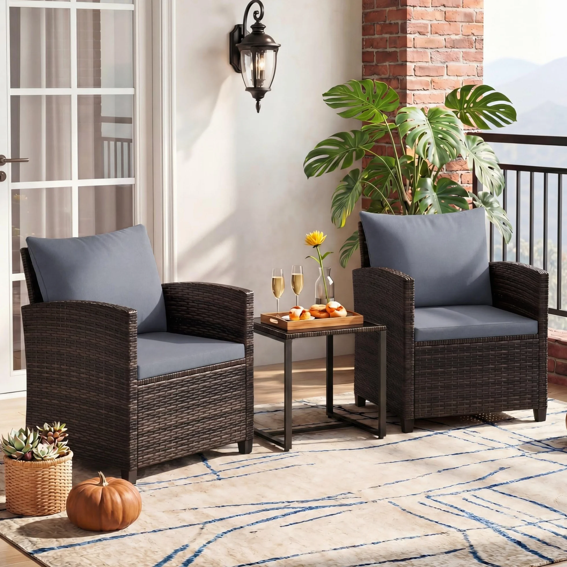 GIANTEX Set da Giardino 3 Pezzi, Salotto Esterno 2 Poltrone con Cuscini + Tavolino in Vetro, Marrone+Grigio
