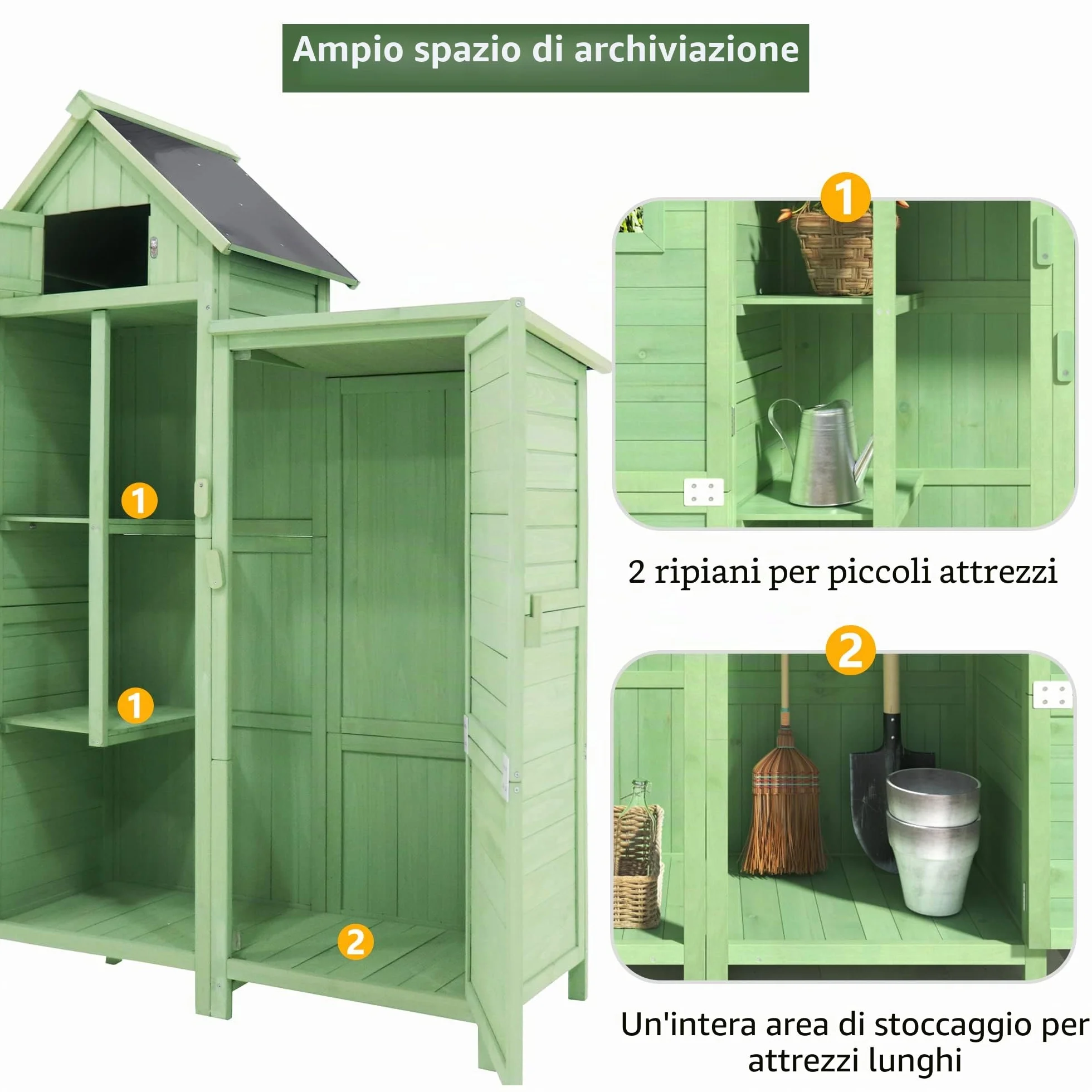 Casetta per attrezzi da giardino, resistente alle intemperie, in legno, per esterni, in PVC, 118 x 54 x 173 cm (larghezza x profondità x altezza), verde