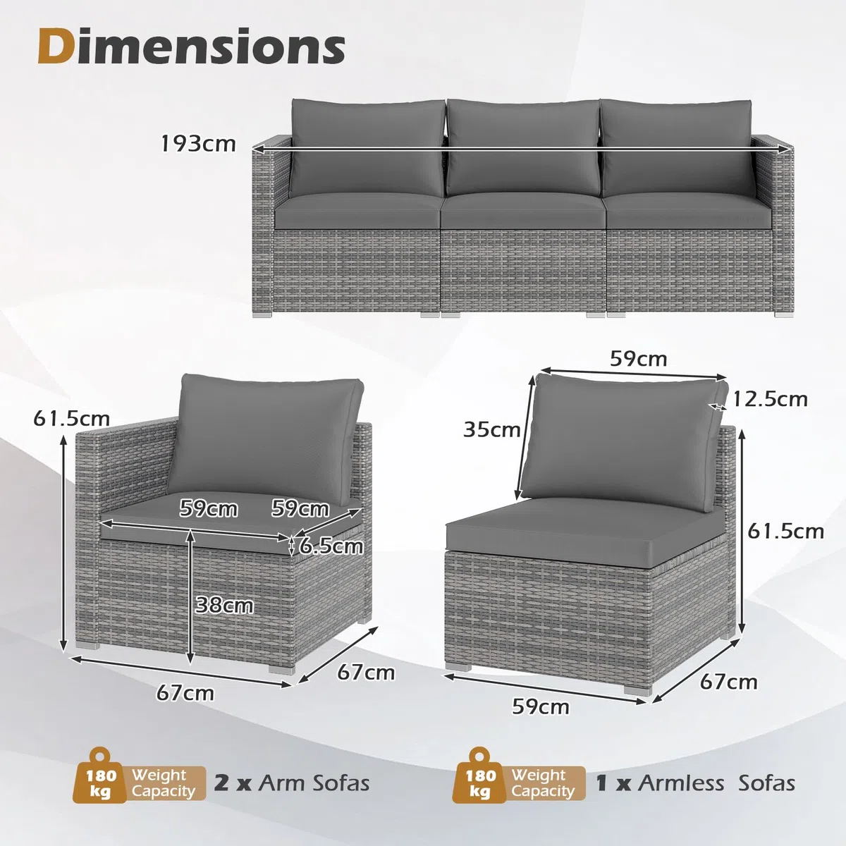 GIANTEX Divano da Giardino a 3 Posti in Rattan con Cuscino Imbottito, Mobili per Terrazza e Balcone, Colore Beige/Grigio, 193 x 67 x 61,5 cm (Grigio)