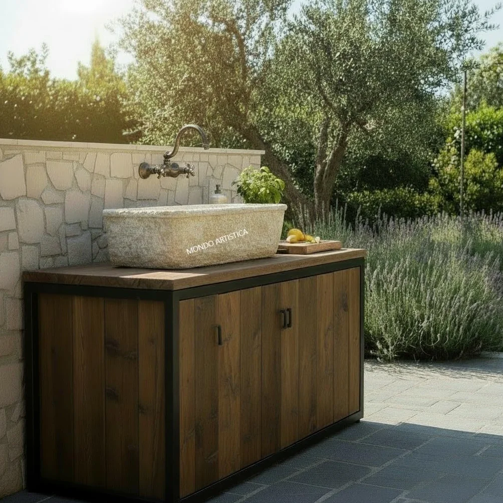 Lavandino, Lavabo, Pilozzo, Vasca Unica, Fontana Da Esterno, Per Giardino Altezza 22 cm, Larghezza 80x40 Cm, In Cemento Bianco E Polvere Di Marmo, Colore Sfumato Beige