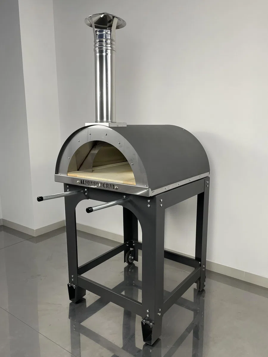 Forno a legna da esterno Alfonso 4 pizze con carrello, mattoni refrattari 3 cm, pirometro 500°C, acciaio inox - Made in Italy