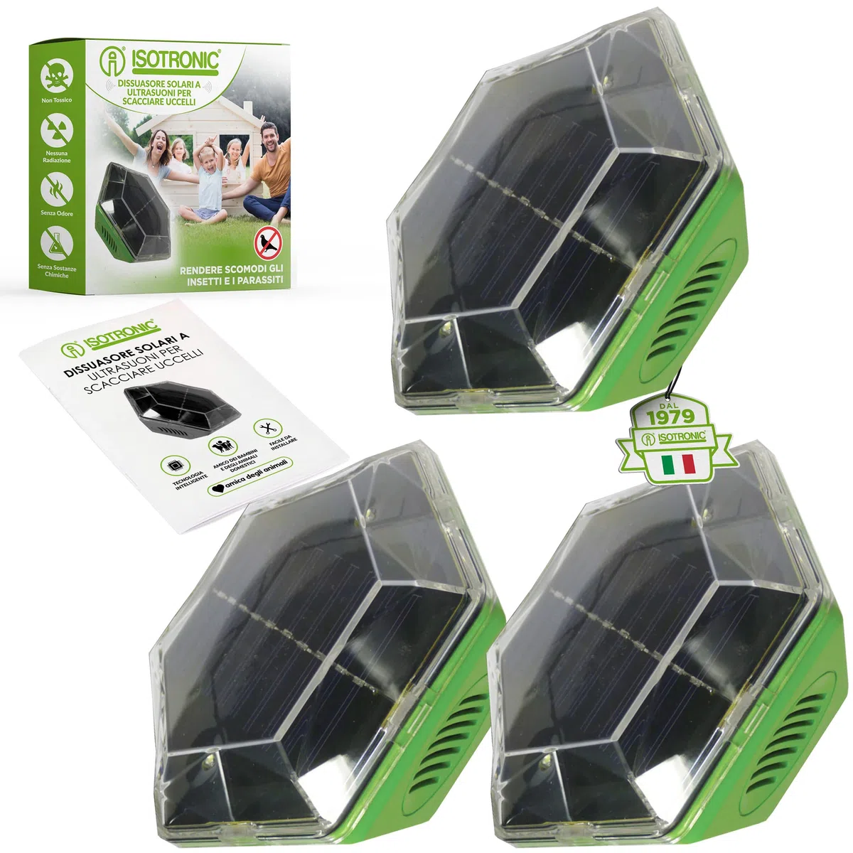ISOTRONIC dissuasore solare uccelli luce lampeggiante ultrasuoni raggio 150m² 3 unità esterno protezione