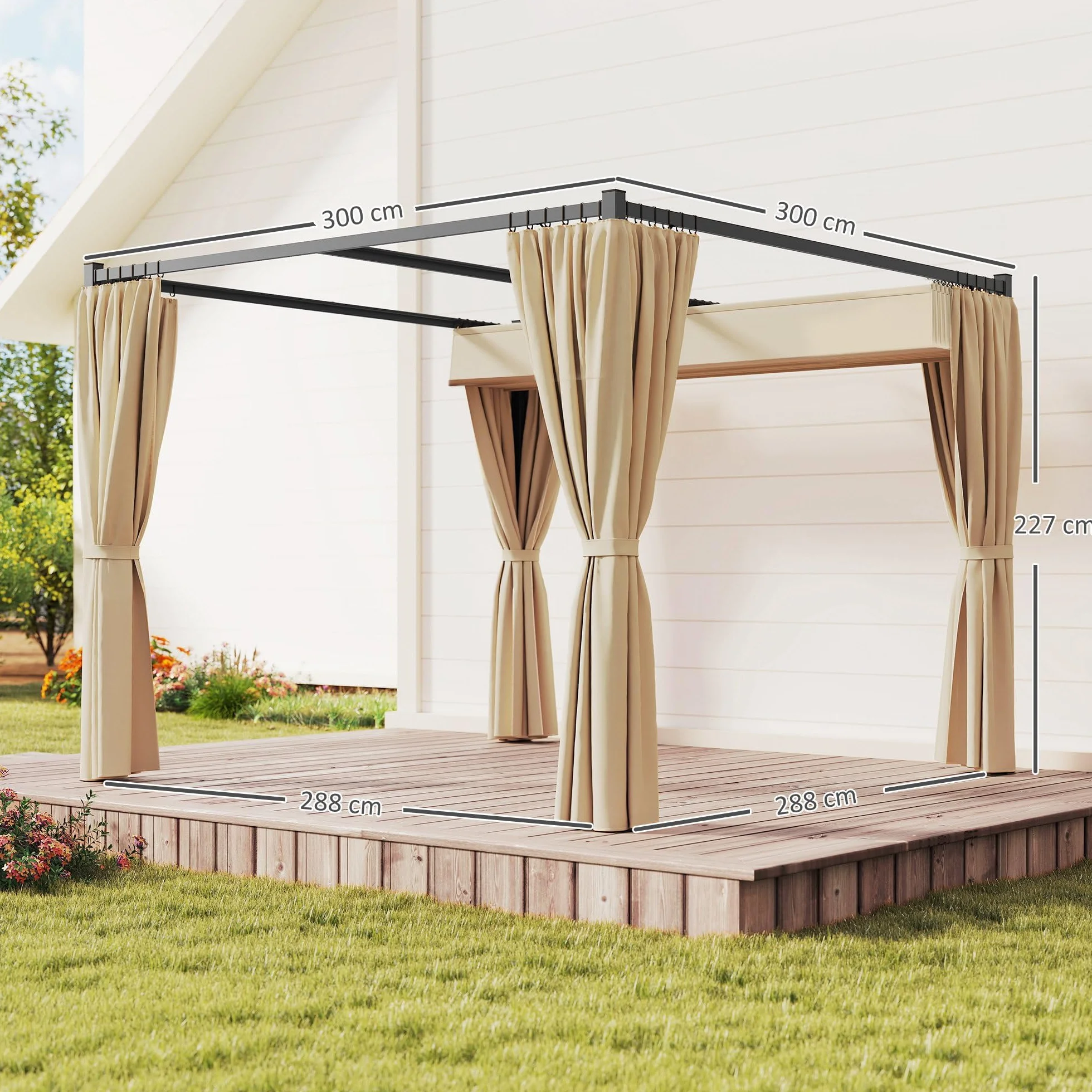 Outsunny Gazebo Pergola 3x3 m con Pareti Laterali e Tetto Retrattile, Metallo e Poliestere 180g/㎡, Beige