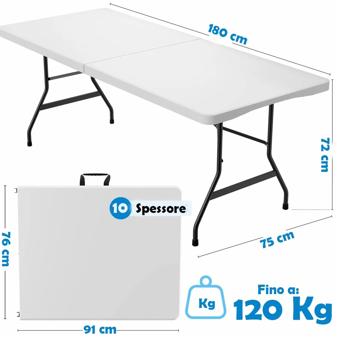 BAKAJI Tavolo Pieghevole in Resina HDPE 183x76x72cm Struttura in Metallo Rinforzato