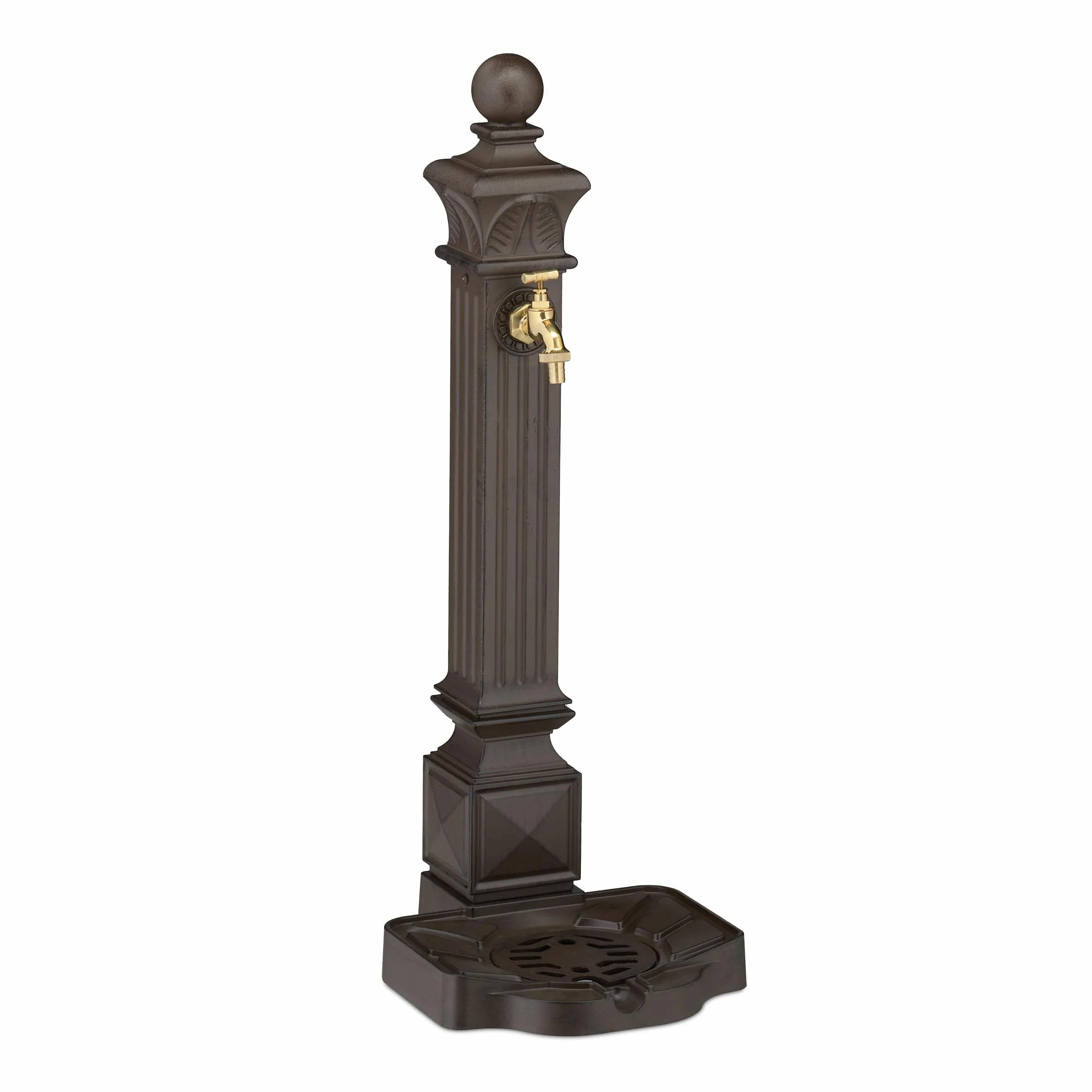 Relaxdays Fontana da Giardino in Stile Antico, Fontanella a Colonna con Rubinetto e Vaschetta, HLP: 82x29x33 cm, Marrone