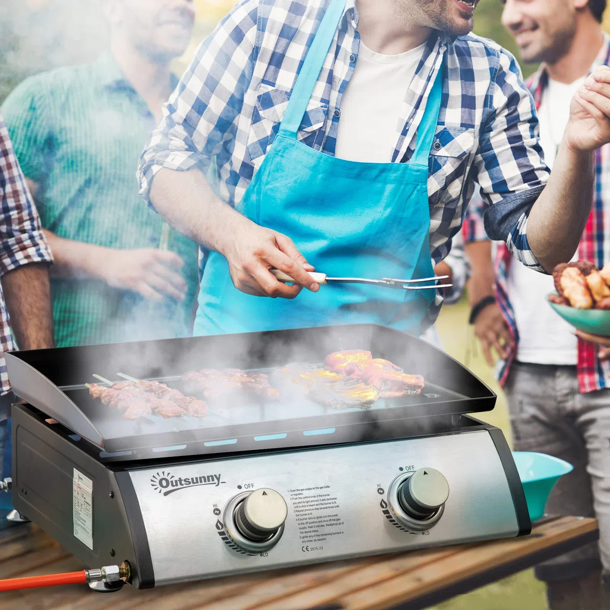 Outsunny Piastra Barbecue a Gas 2 Bruciatori BBQ Antiaderente da Tavolo 5kW 48.5x46x21cm Nero
