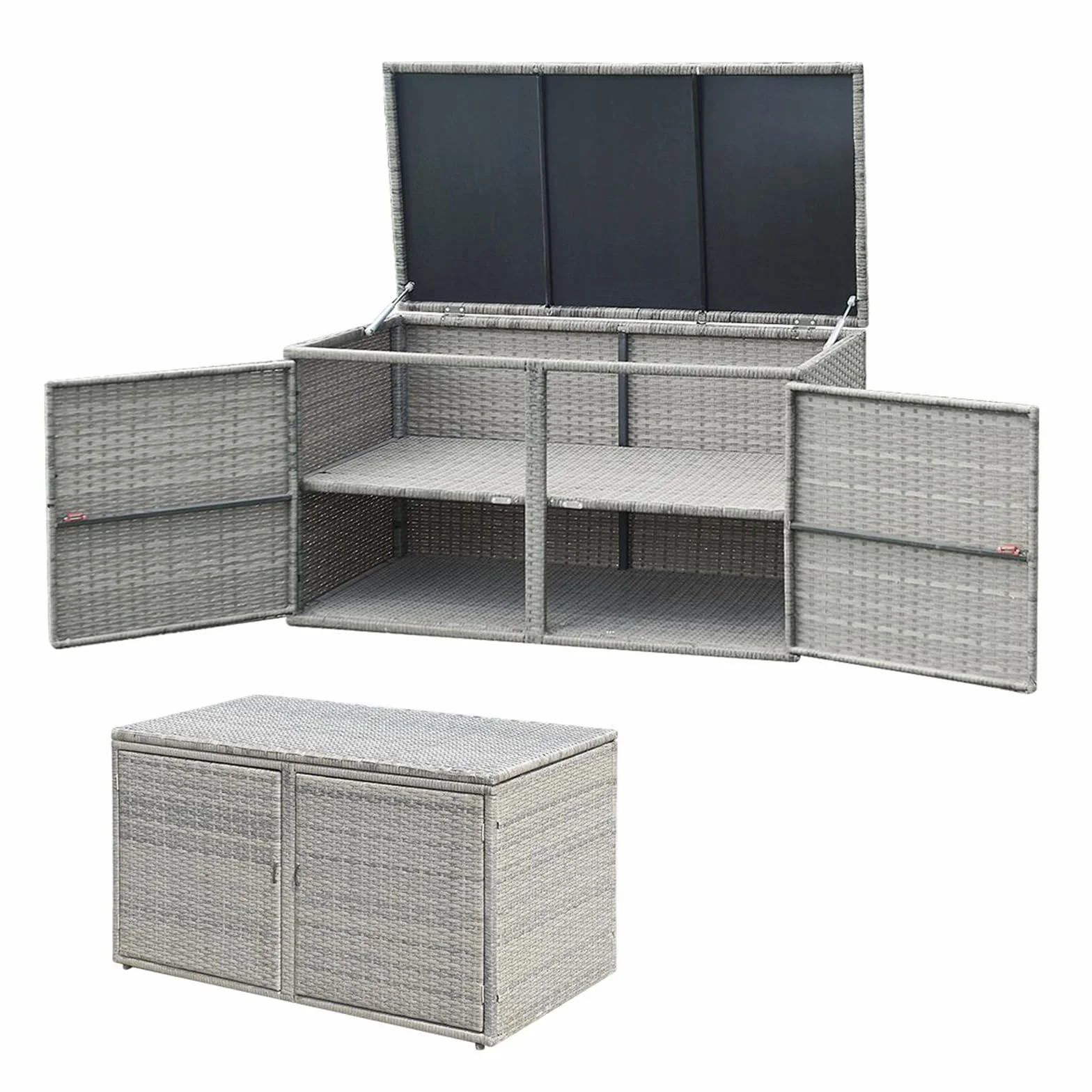 KOMFOTTEU Cassapanca Contenitore da Esterno 330L Rattan Telaio Acciaio Baule Giardino Resistente UV Impermeabile 115x60x65 cm Grigio