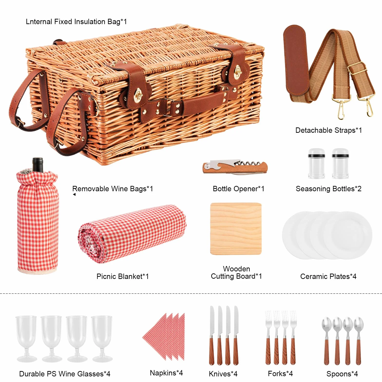 Set di cestini da picnic per 4 persone con scomparto refrigerante e coperta impermeabile