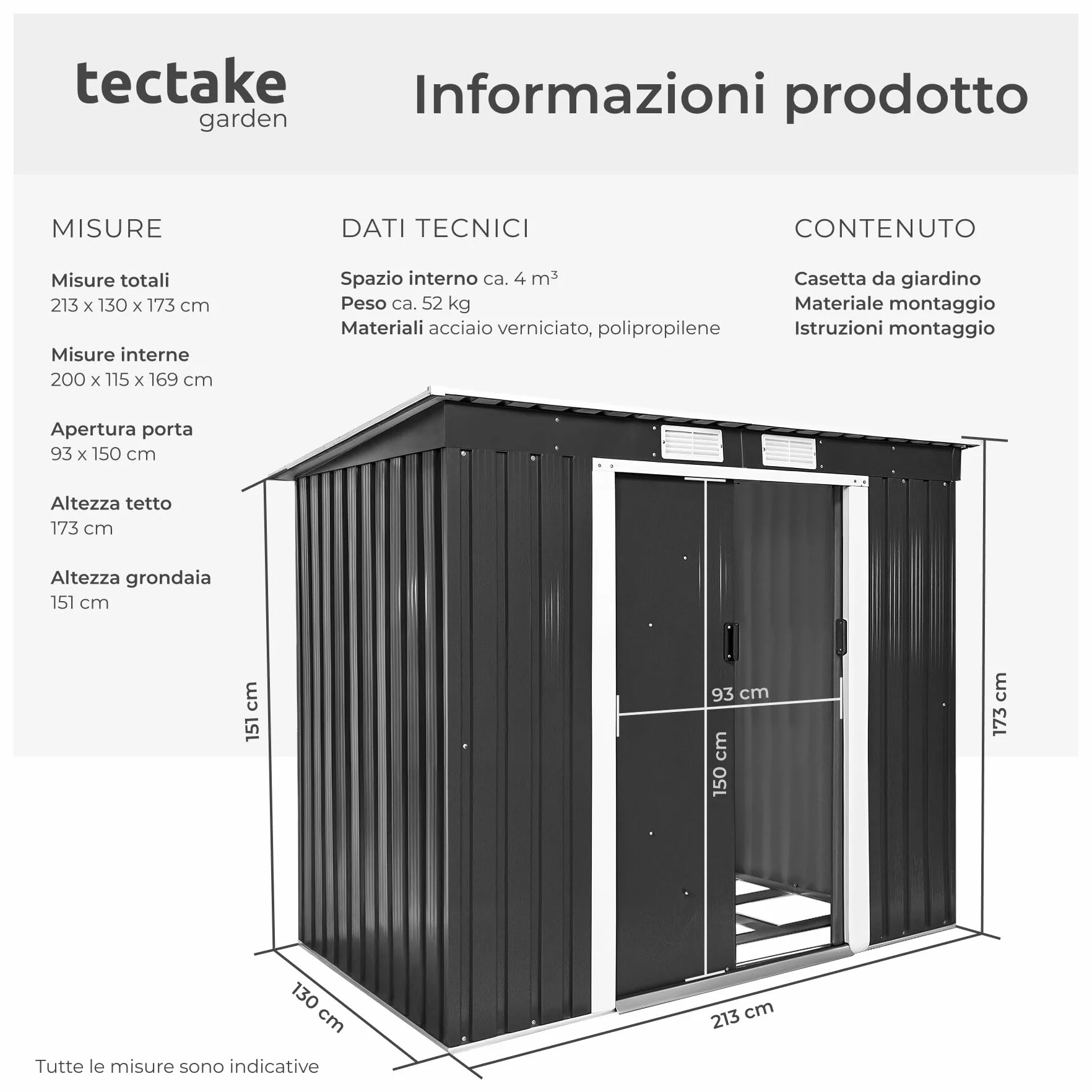 tectake® Casetta da Giardino in Lamiera, Box con Tetto Inclinato, Box da Giardino per Esterno con Porta Scorrevole, Lamiera in Acciaio, Fondamenta in Metallo - Grigio/Bianco