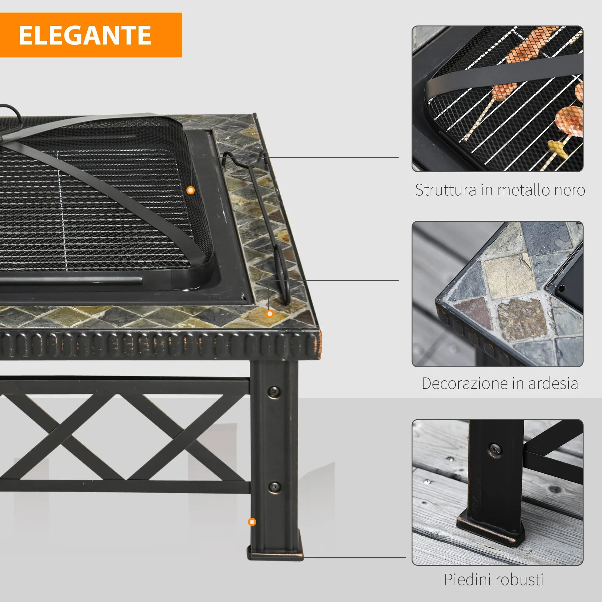 Outsunny Braciere da Giardino 76x76x47cm Nero con Coperchio Parascintille e Griglia per Barbecue