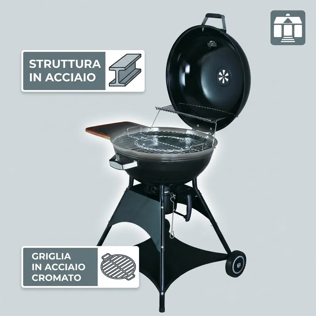 Tarrington House Barbecue a Carbone Burnaby Ø 53 cm, Acciaio, con Tavolino Laterale Pieghevole, 2 Ruote, Nero