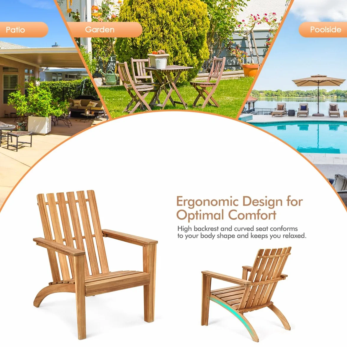 KOMFOTTEU Adirondack - Sedia da giardino in legno di acacia, con schienale e braccioli, ergonomica, da giardino fino a 160 kg, per balcone, giardino, spiaggia (naturale)