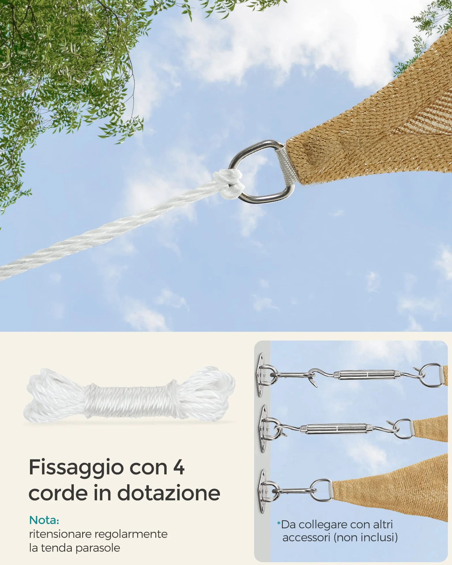 SONGMICS Vela Parasole 3 x 3 m, Tenda da Sole in Tessuto HDPE, Permeabile all'Aria e all'Acqua, Giallo Sabbia