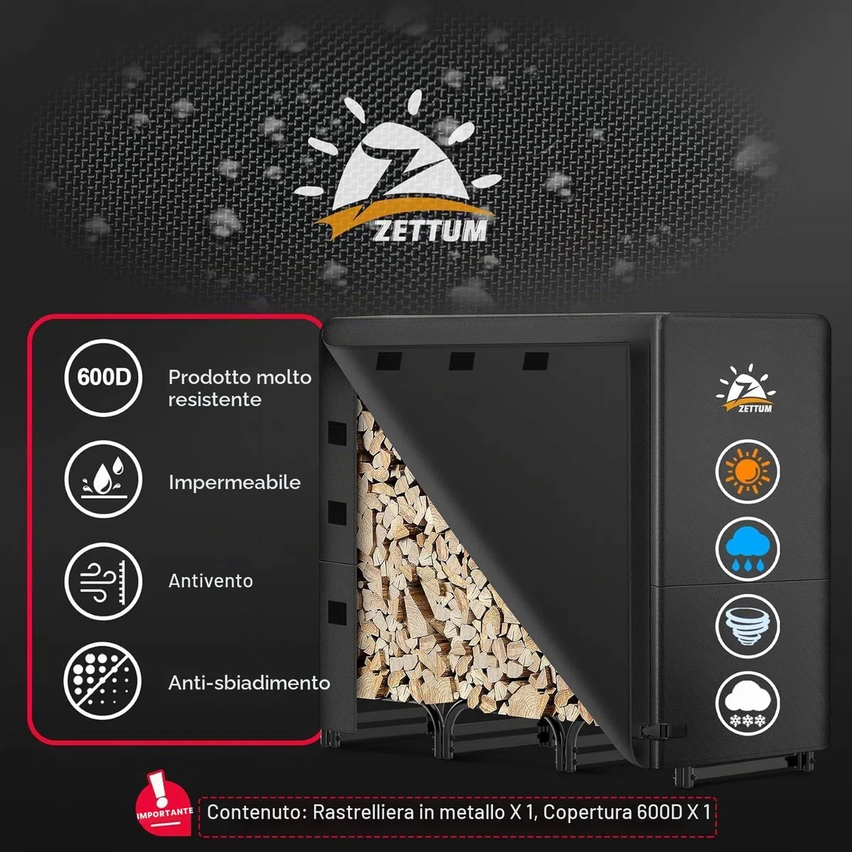 Zettum Portalegna da Esterno in Metallo 121x35x121 CM, Impermeabile con Coperchio Rivestimento PU 600D