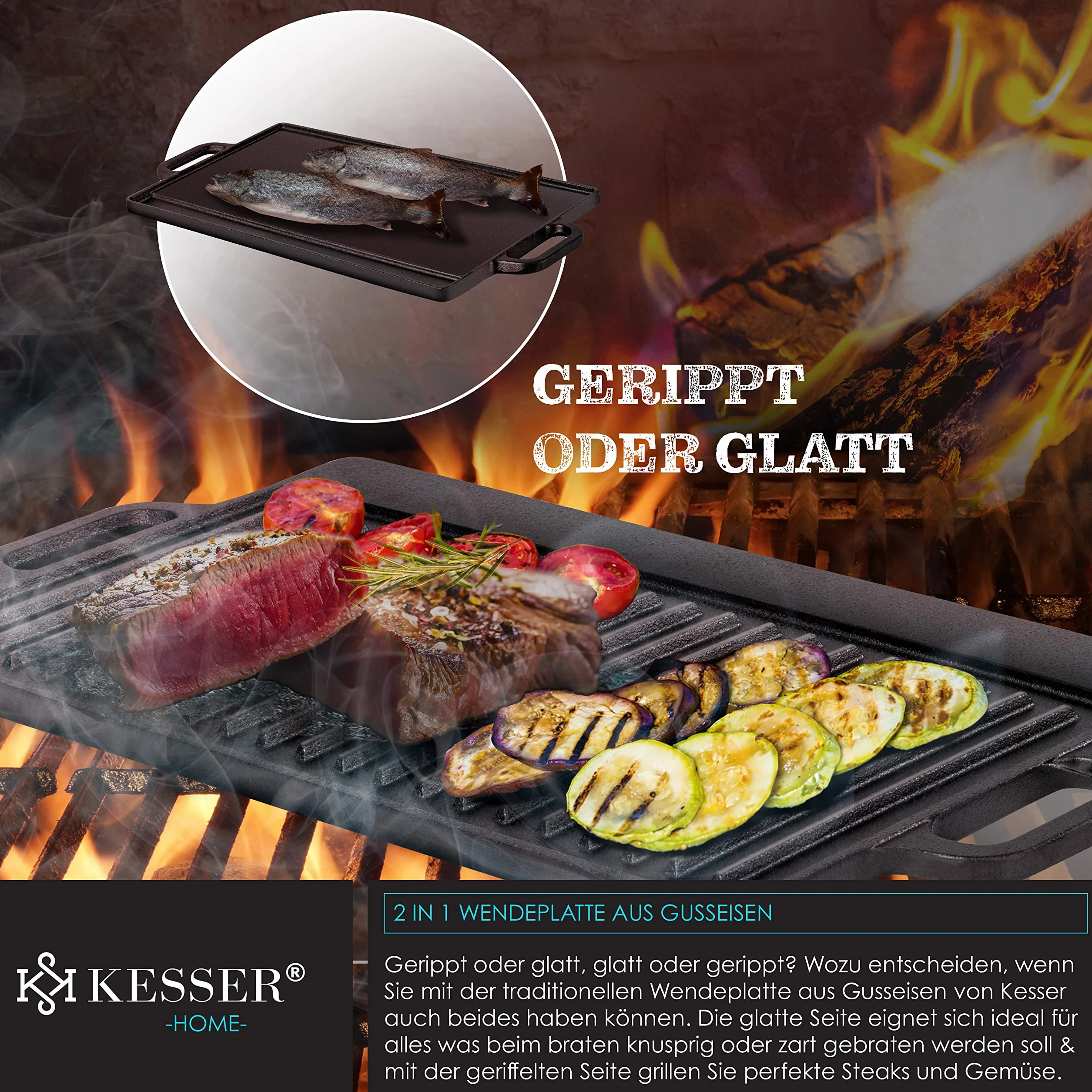 KESSER® Dutch Oven Set in scatola di legno con forno olandese Con molti accessori - ghisa - già bruciato con pentola di cottura piastra grill padella coperchio sollevatore I 12 Pezzi