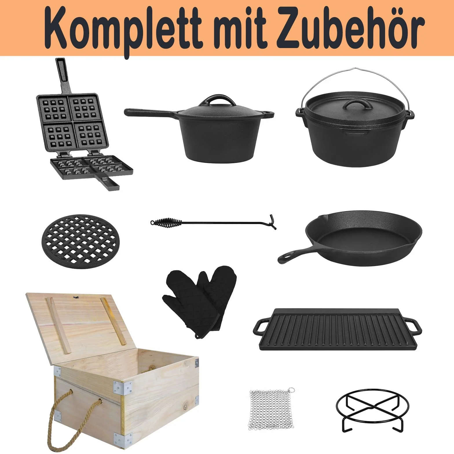 Dutch Oven Set da 12 pezzi in scatola di legno per barbecue con piedini e coperchio, pentola in ghisa per forno a microonde e per interni con molti accessori