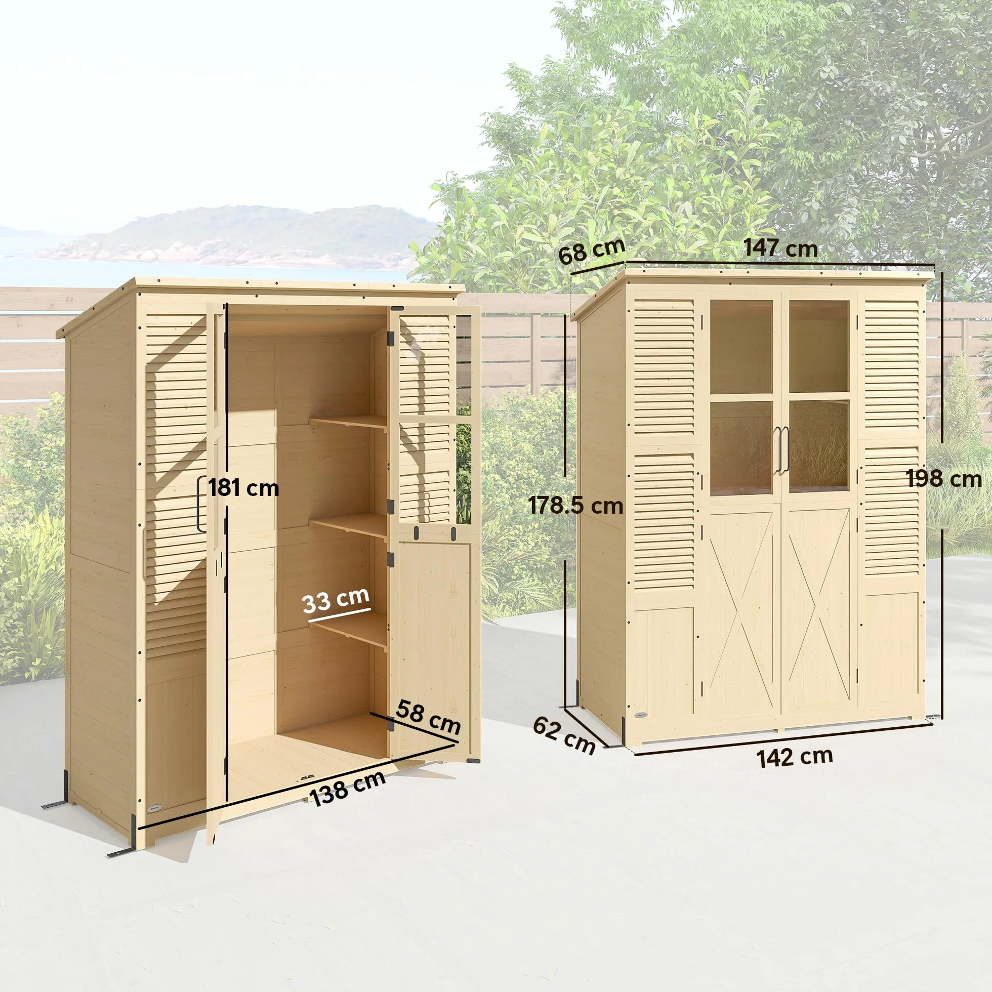 Outsunny Armadio da Giardino in Legno Abete Walk-in, Casetta Porta Attrezzi da Esterno con Tetto Inclinato Asfalto, 4 Finestre, 6 Ripiani, Prese d'Aria, Kit Antiribaltamento, 147x68x198cm, Color Legno