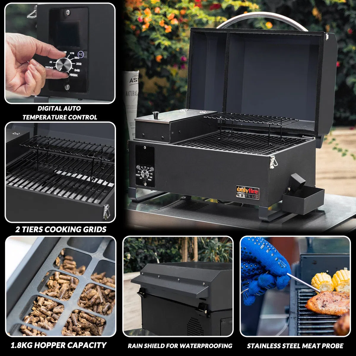 Onlyfire Griglia Portatile Nero Per Affumicatore a Pellet, Griglia a Pellet da 80°C - 260°C incl. Sensori di Temperatura Ottimo Per il Tailgating da Campeggio Per Camper