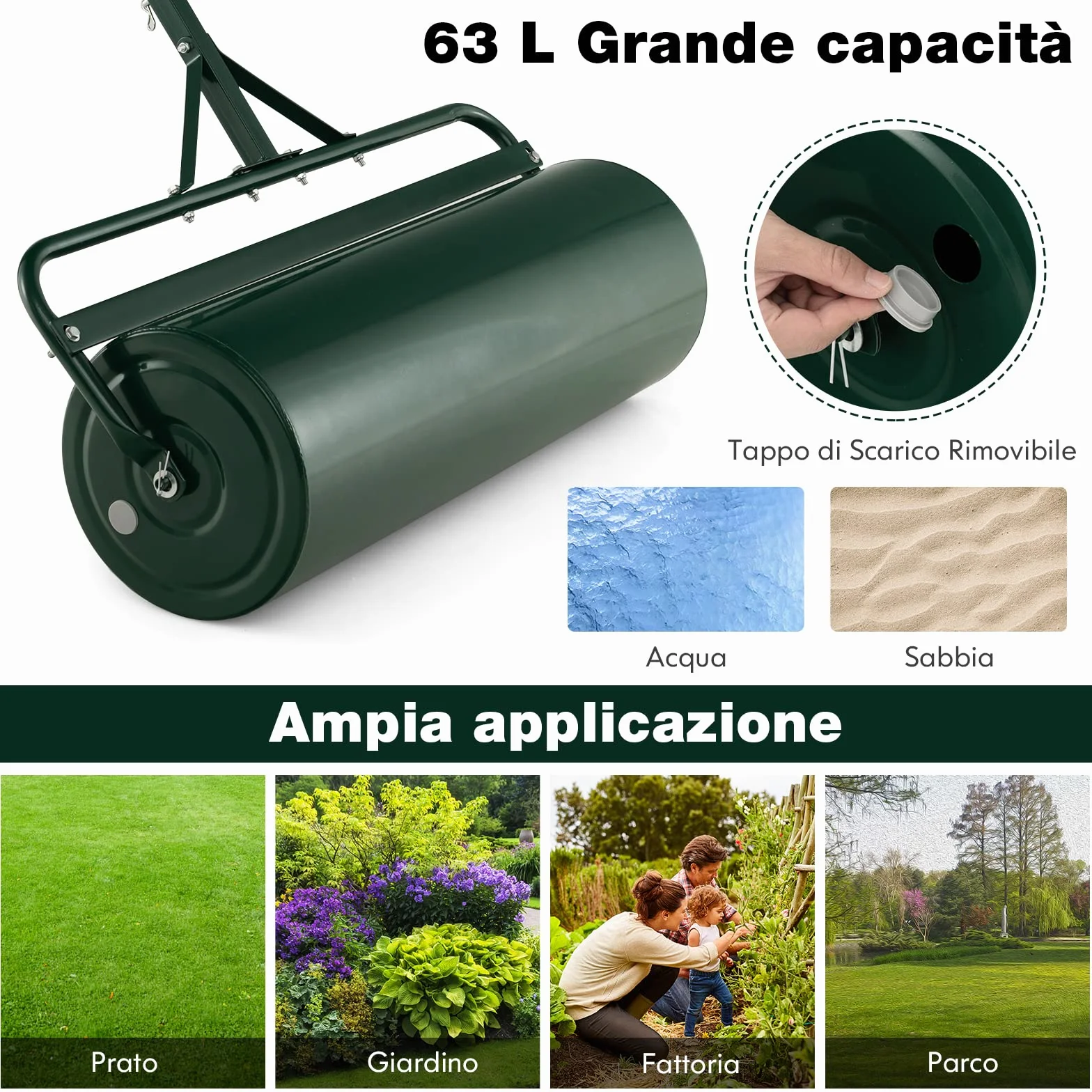 COSTWAY Rullo per Prato in Metallo 63 L, 90 cm, Riempibile Acqua/Sabbia, Impugnatura Staccabile 137 cm, Verde