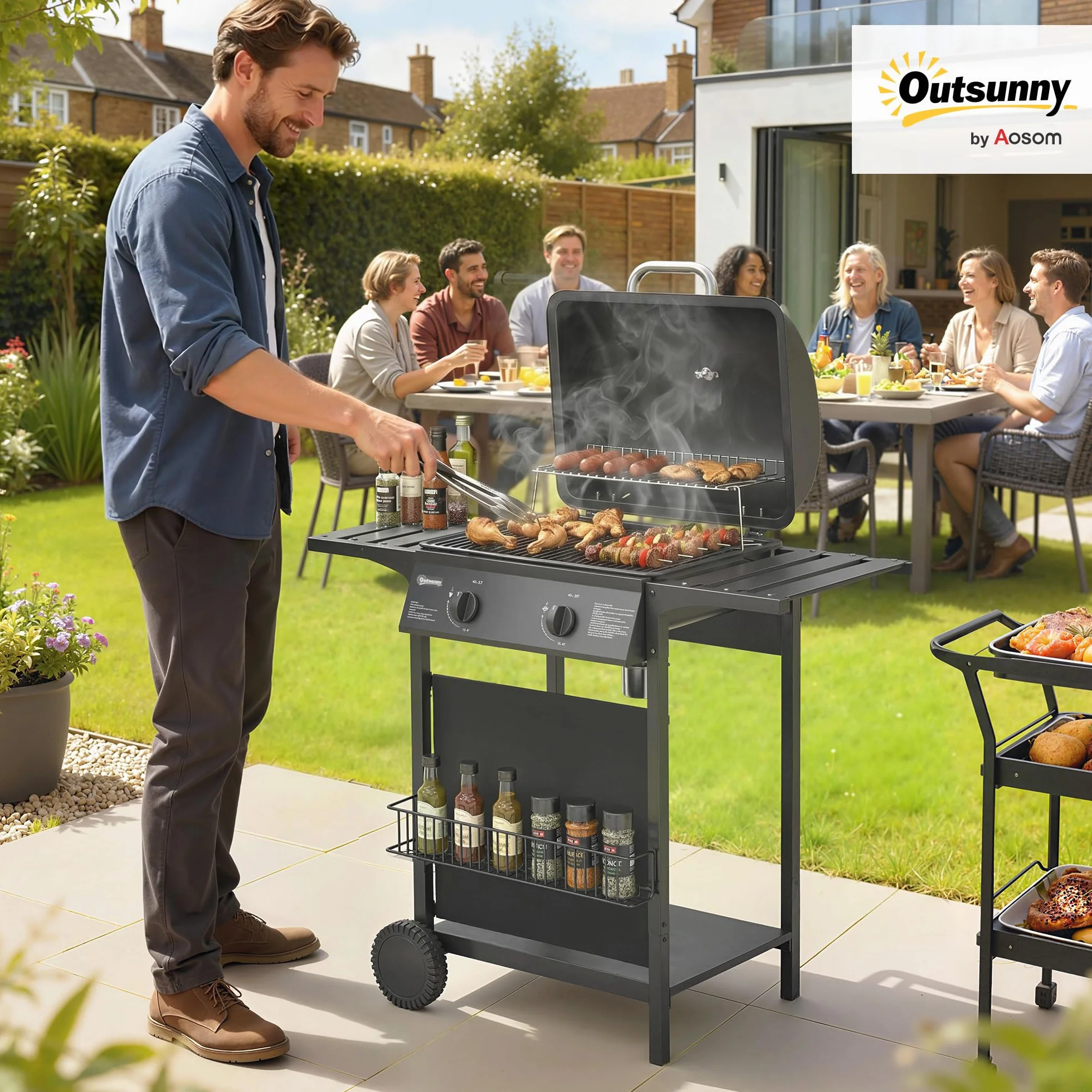 Outsunny Barbecue a Gas 2 Bruciatori 5KW BBQ Portatile Griglia Acciaio Inox con Ruote Giardino