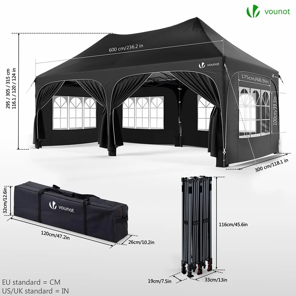 VOUNOT® Gazebo Pieghevole 3x6m Impermeabile con 6 Pareti Laterali Nero