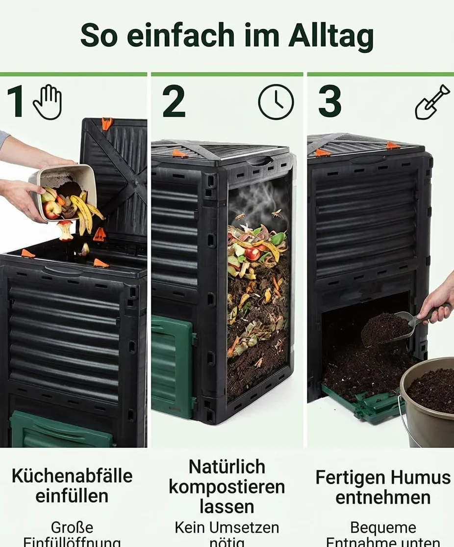 Compostiera termica da giardino, 300 l, set da 2 pezzi, di alta qualità, con coperchio ribaltabile, in plastica resistente, 100% riciclata, 81 x 80 x 80 cm, ideale per rifiuti da giardino e cucina