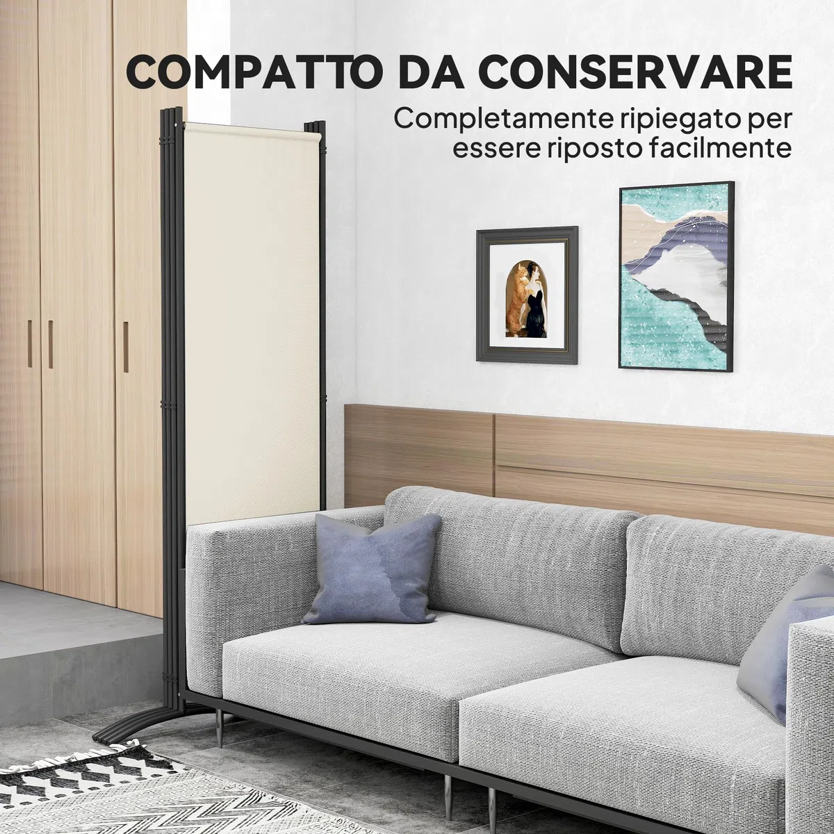 Outsunny Paravento Separé da Giardino 4 Pannelli Pieghevole, 221x50x172cm, Crema