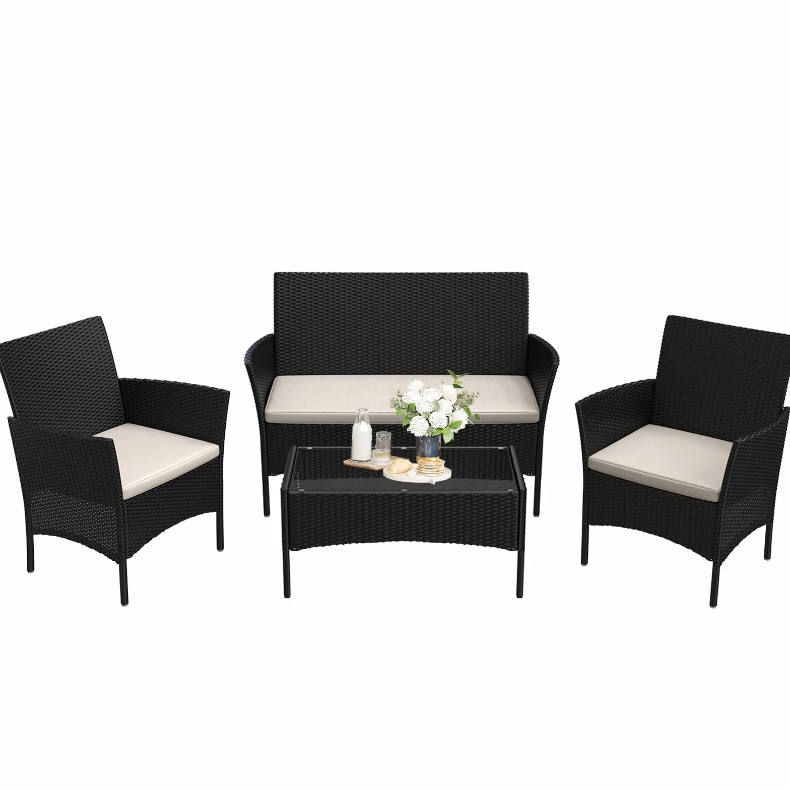 Bigzzia Set da Giardino in Rattan 4 Pezzi Mobili in Vimini Nero