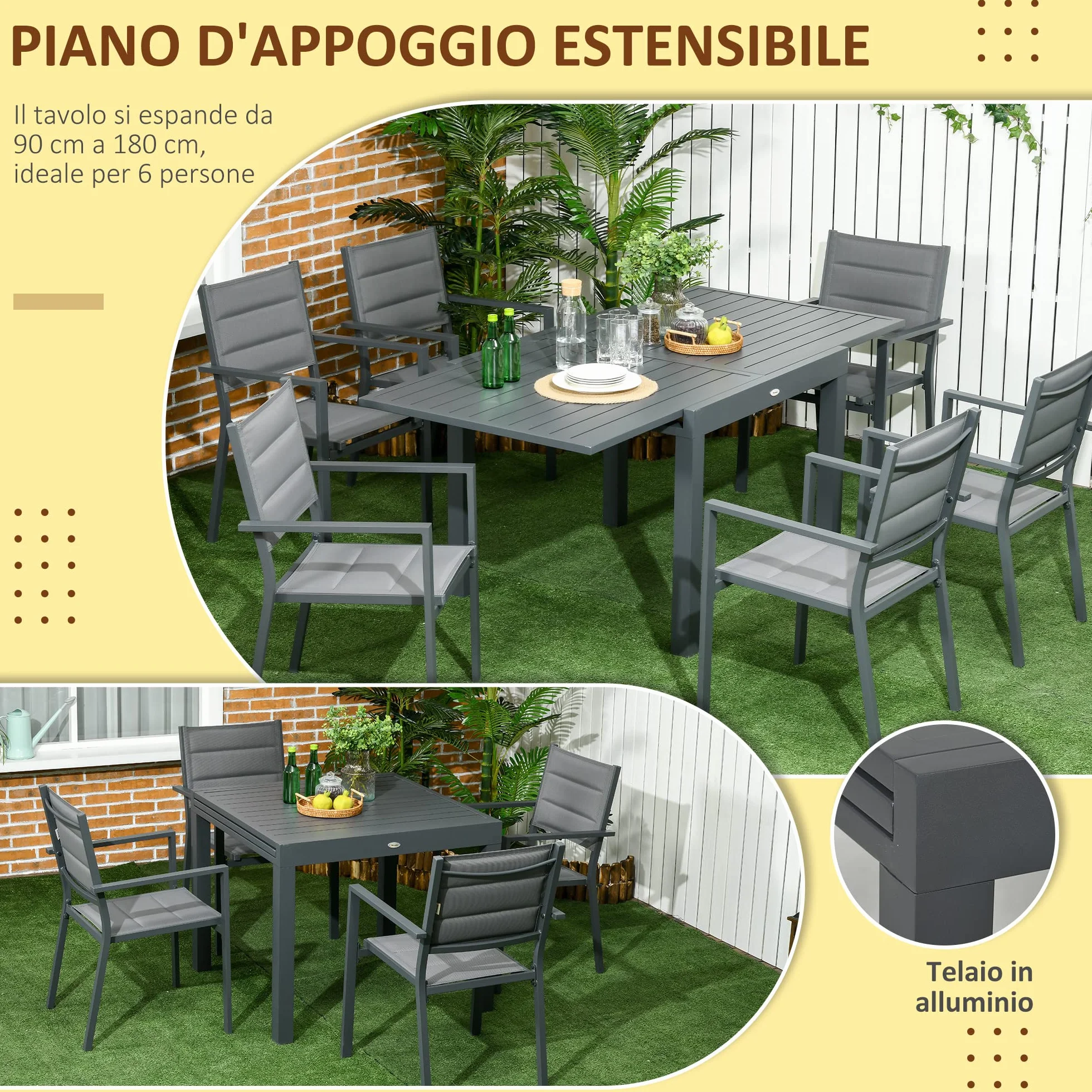 Outsunny Set da Giardino in Alluminio 7 Pezzi Tavolo Rettangolare Allungabile 6 Sedie Grigio