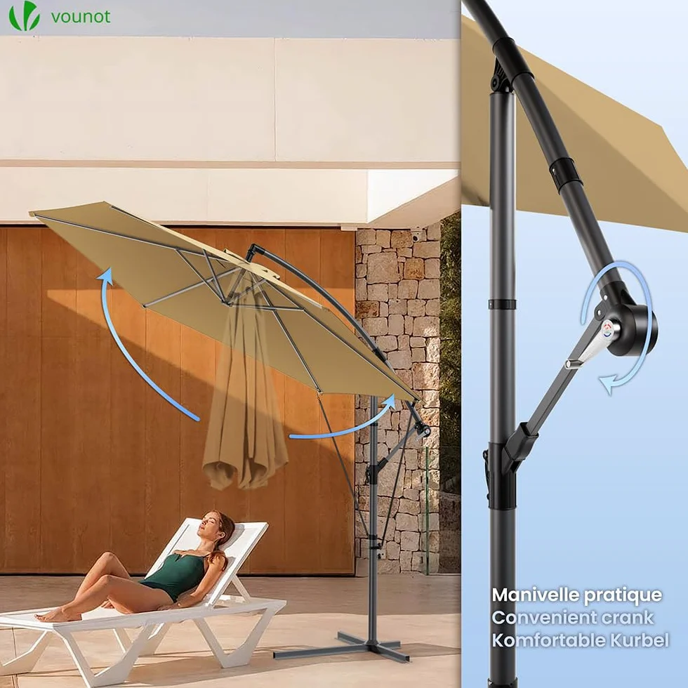 VOUNOT Ombrellone da Giardino Decentrato 3M con Base a Croce e Cinghia Antivento Protezione UV Cachi