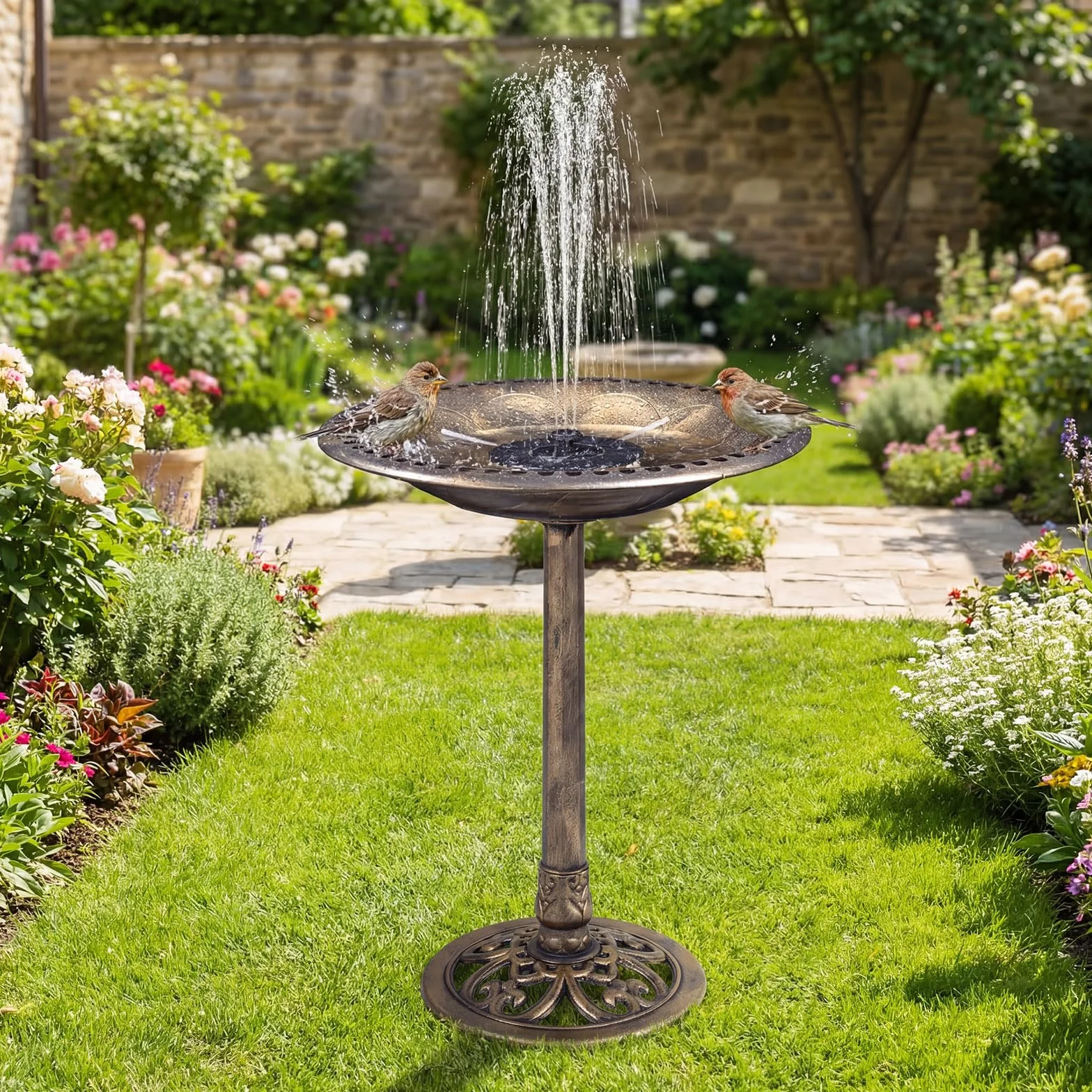 COSTWAY Mangiatoia per Uccelli da Esterno 2 in 1, Fontana con 6 Ugelli, Resistente alle Intemperie per Giardino