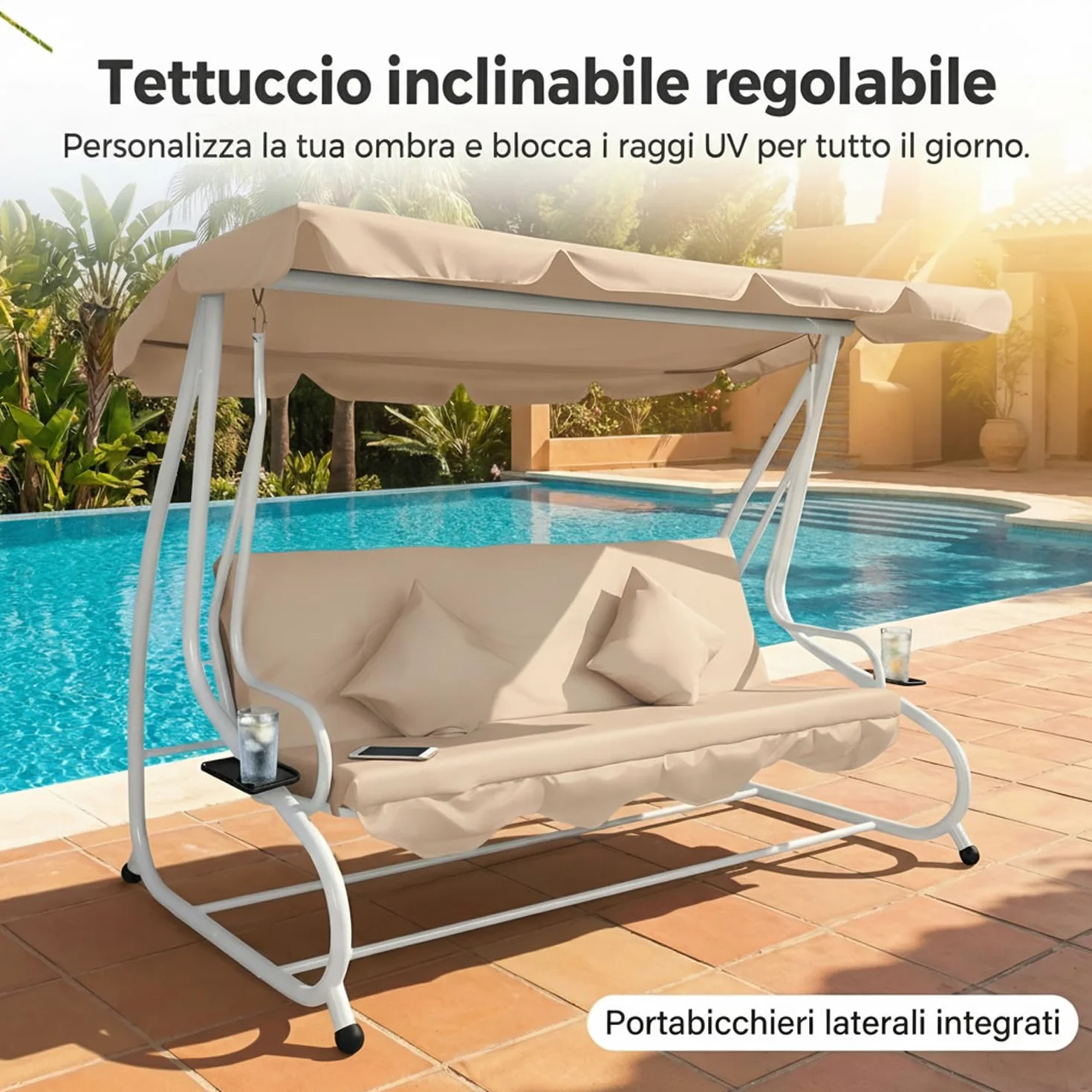 Marvin Dondolo Letto da Giardino 4 Posti Harmony con Tetto Parasole Struttura in Acciaio e Cuscino Imbottito 10 cm Altalena da Esterno Terrazzo (Bianco/Ecrù)