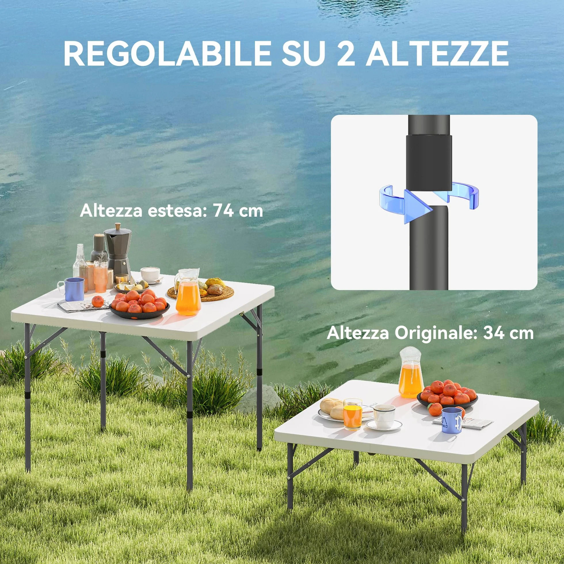 Outsunny Tavolo da Campeggio Pieghevole 86x86x74 cm Bianco HDPE e Metallo 2 Altezze Regolabili