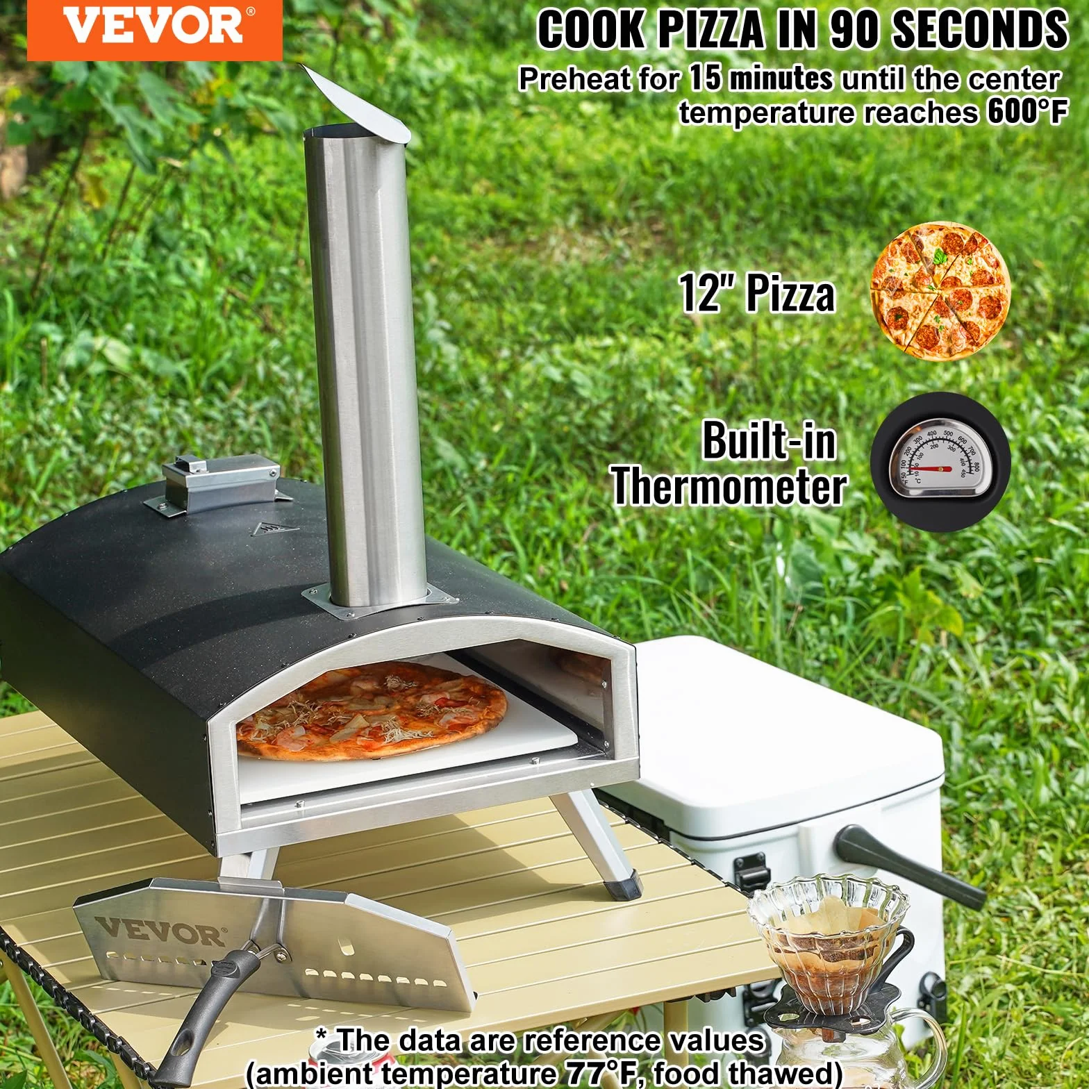 VEVOR Forno Portatile per Esterni 304 mm, Tri-Fuel Pellet Trucioli Carbone, Griglia Pizza con Pietra e Copertura, Nero