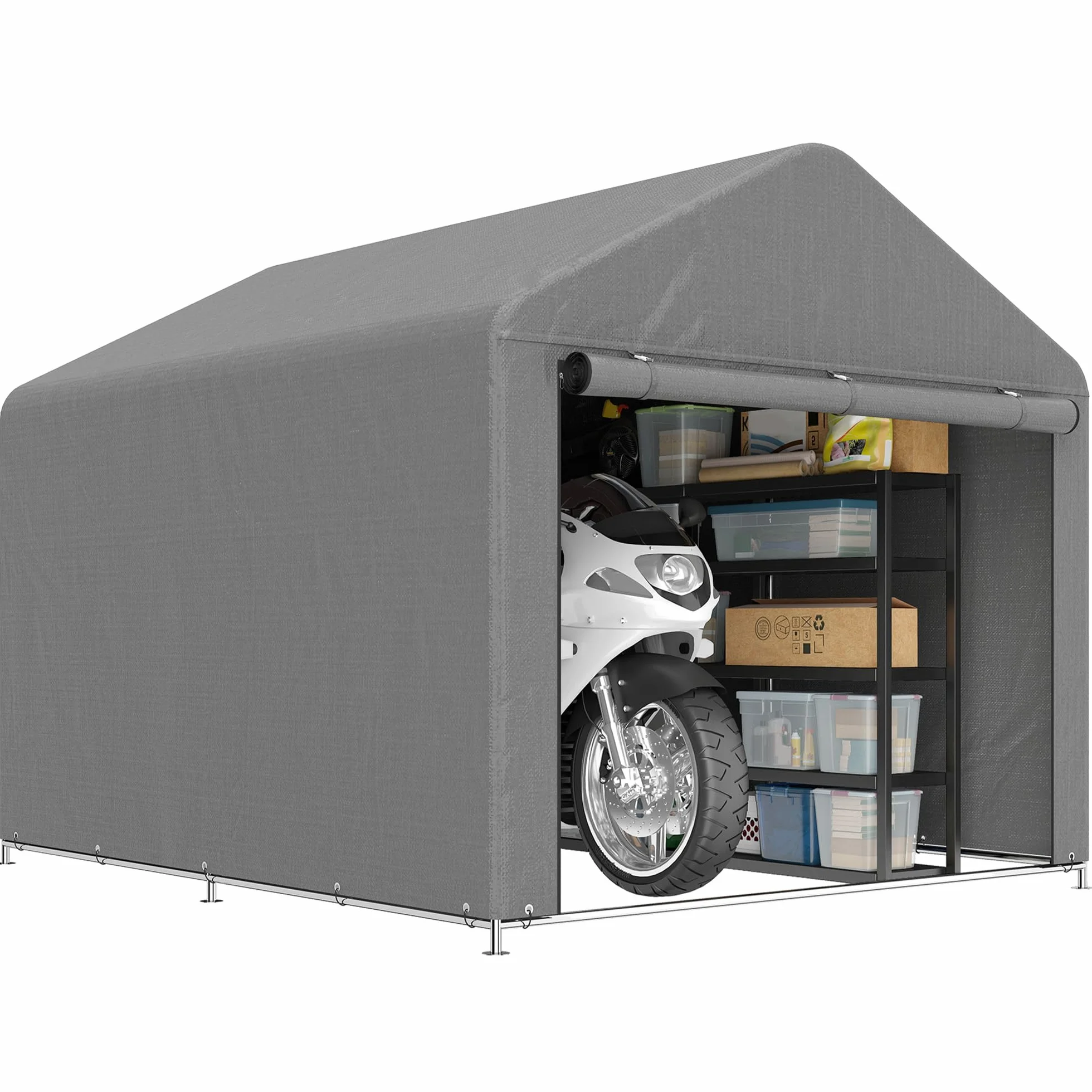Outsunny 2x2.4 m Garage Moto per Esterno, Tenda Garage con Copertura Impermeabile, Porta Avvolgibile a Cerniera, per Biciclette e Attrezzi in Acciaio Zincato, da Giardino, Grigio Chiaro