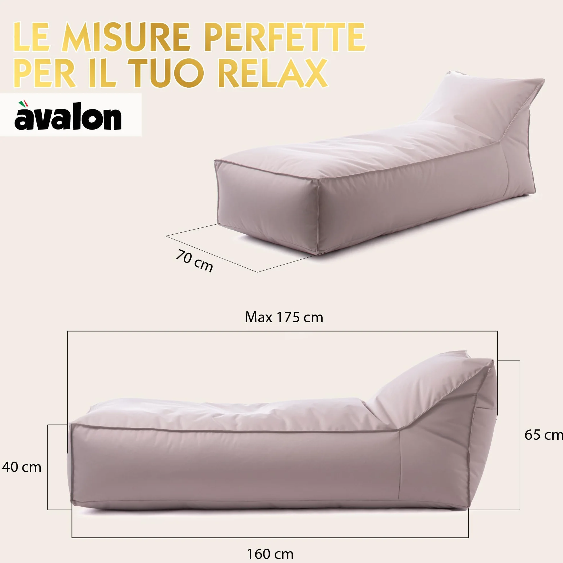 Avalon Pouf Chaise Longue da Esterno Impermeabile 70x160cm Grigio