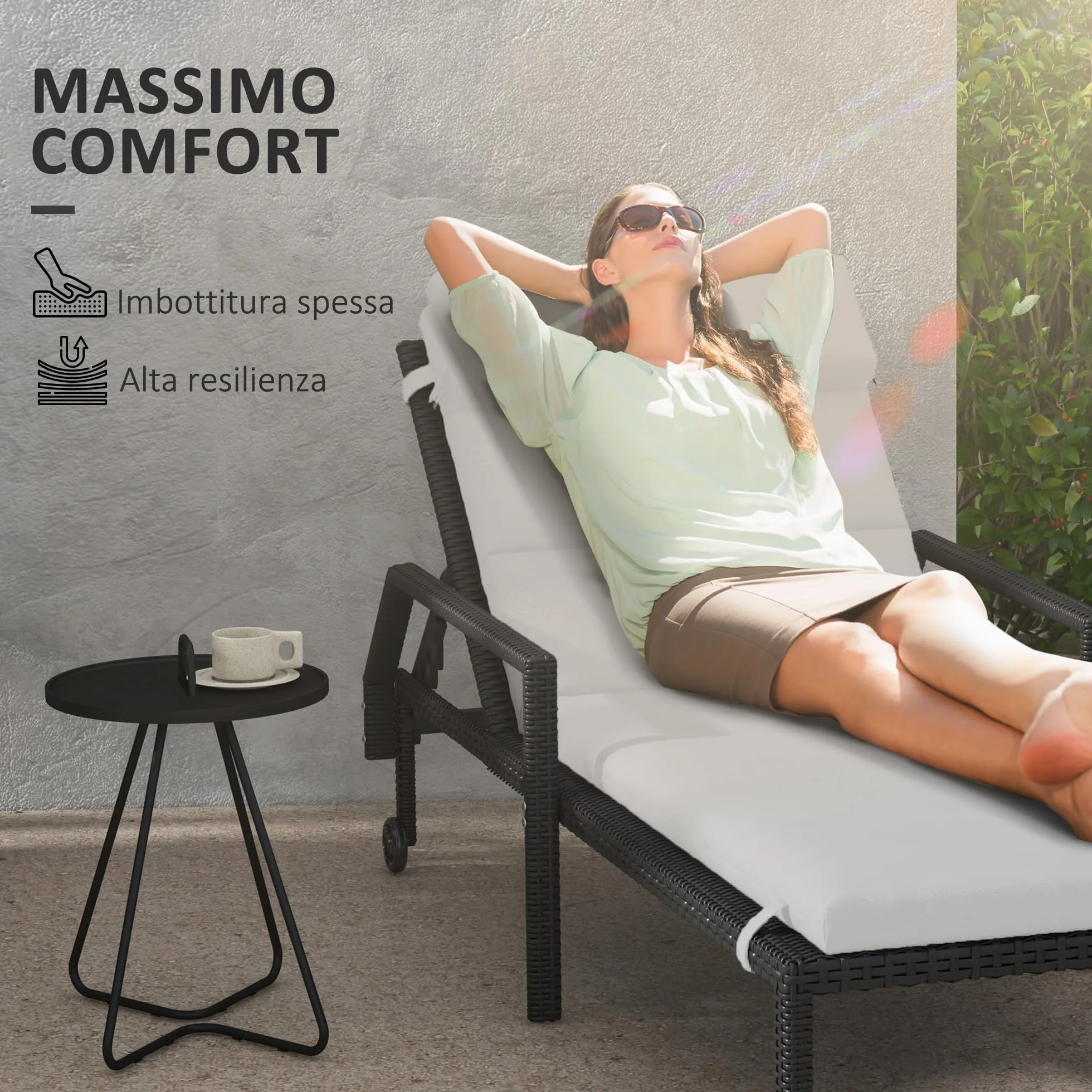 Outsunny Cuscino per Sdraio e Lettino Prendisole, Cuscino Imbottito con Poggiatesta e Lacci in Poliestere Resistente all'Acqua, Grigio Chiaro