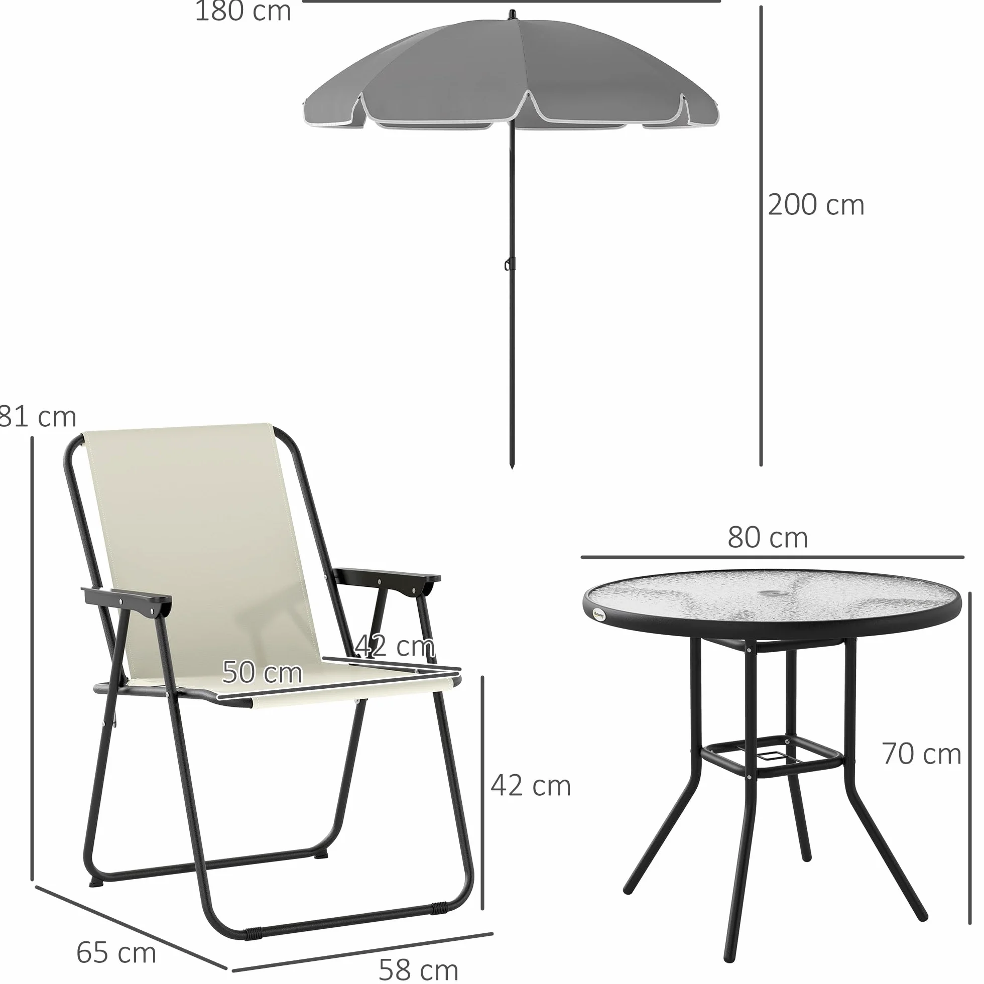 Outsunny Set Tavolo e Sedie da Giardino 6 Pezzi Acciaio Ombrellone, Mobili 4 Sedie Pieghevoli Textilene Tavolo Rotondo Vetro, Esterno Patio Terrazzo Crema