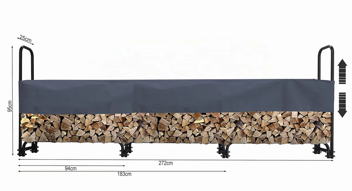 Scaffale in metallo per legna da ardere 272 x 25 x 95 cm con custodia protettiva 1,0 m³