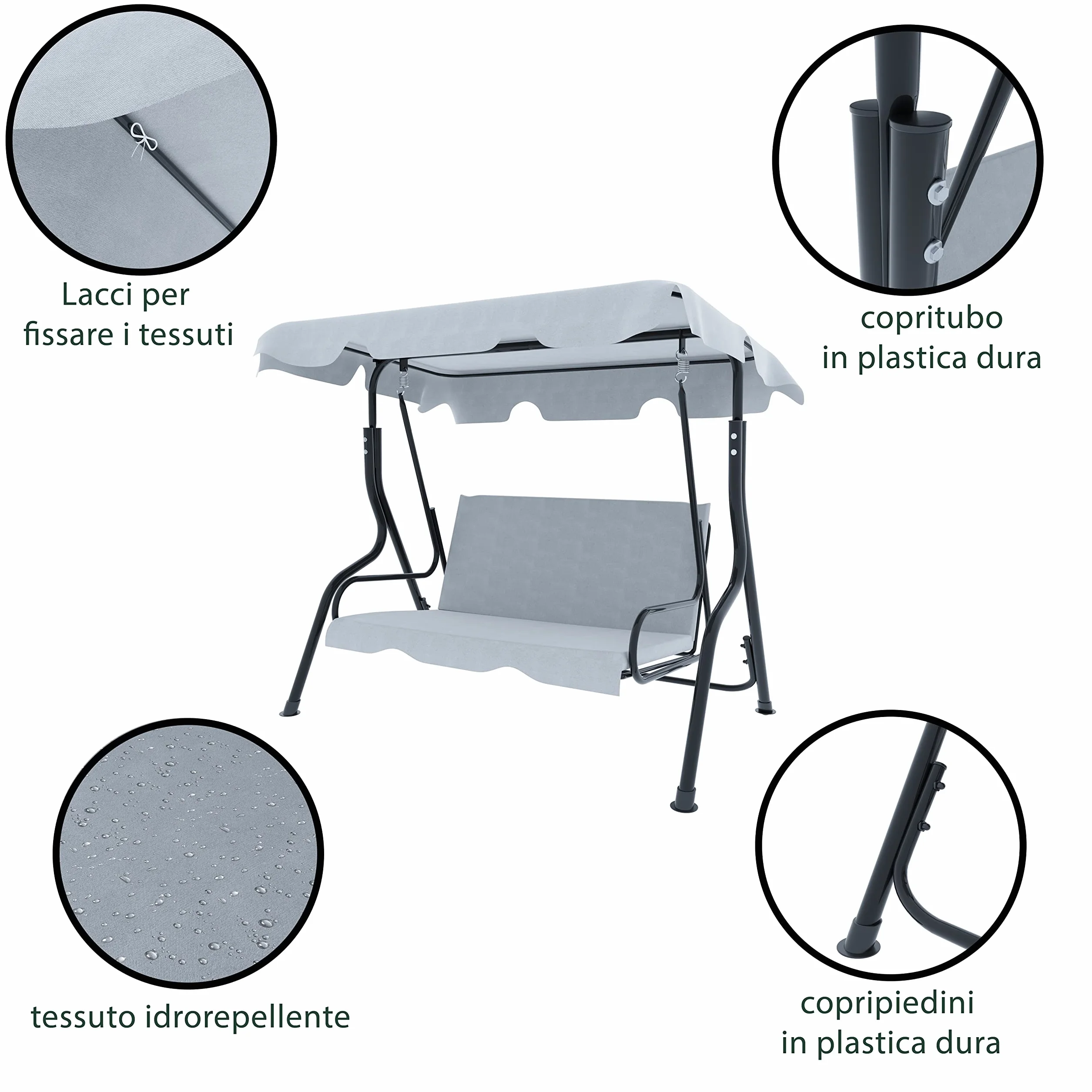 Arreditaly Dondolo 3 Posti Con Tettuccio Parasole Regolabile Cuscini Imbottiti Struttura Robusta In Acciaio Verniciato Da Esterno Giardino Balcone Terrazzo Piscina 170 x 110 x 153 Cm (Grigio)